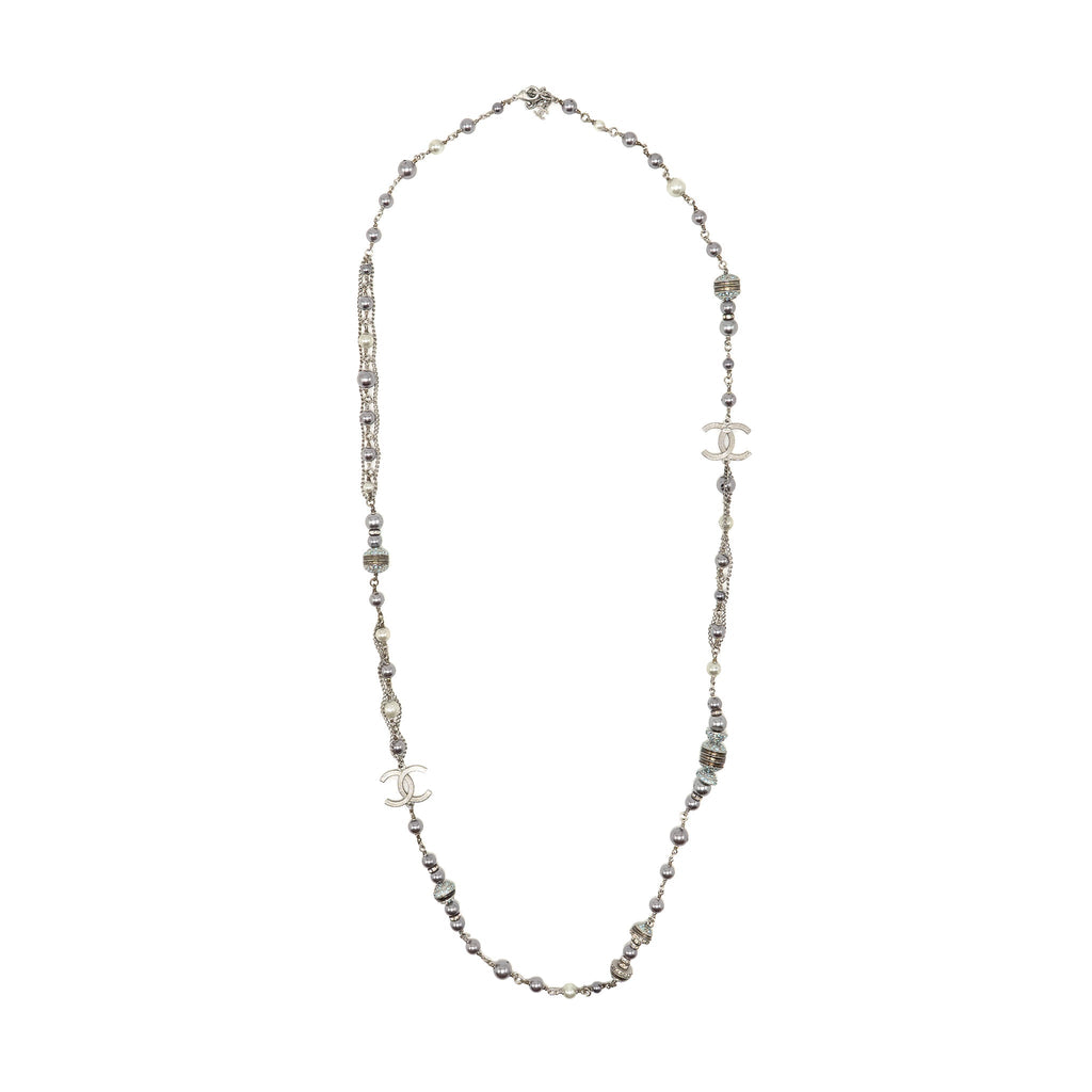CHANEL CRYSTAL/PEARL CC LOGO LONG NECKLACE SILVER TONE