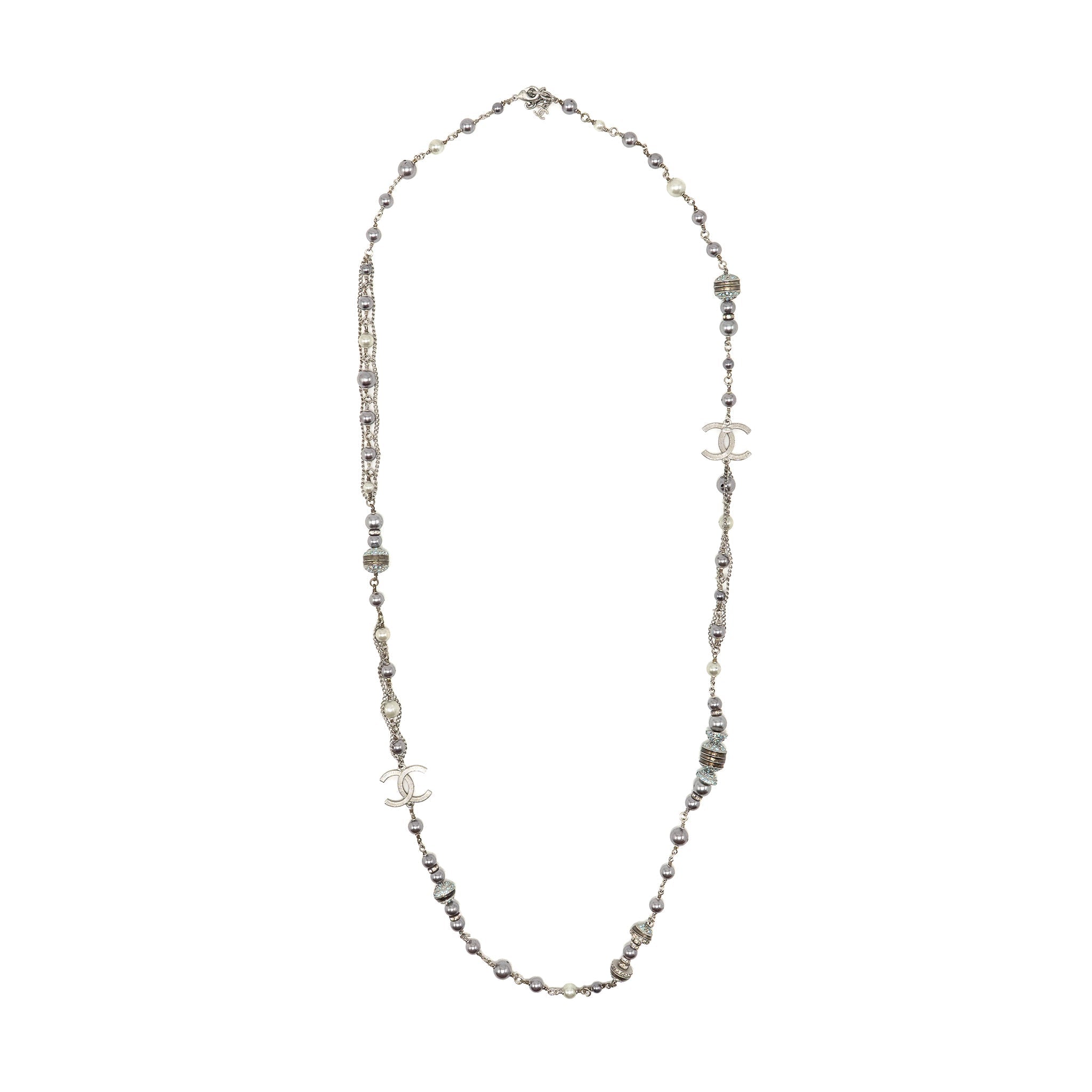 CHANEL CRYSTAL/PEARL CC LOGO LONG NECKLACE SILVER TONE