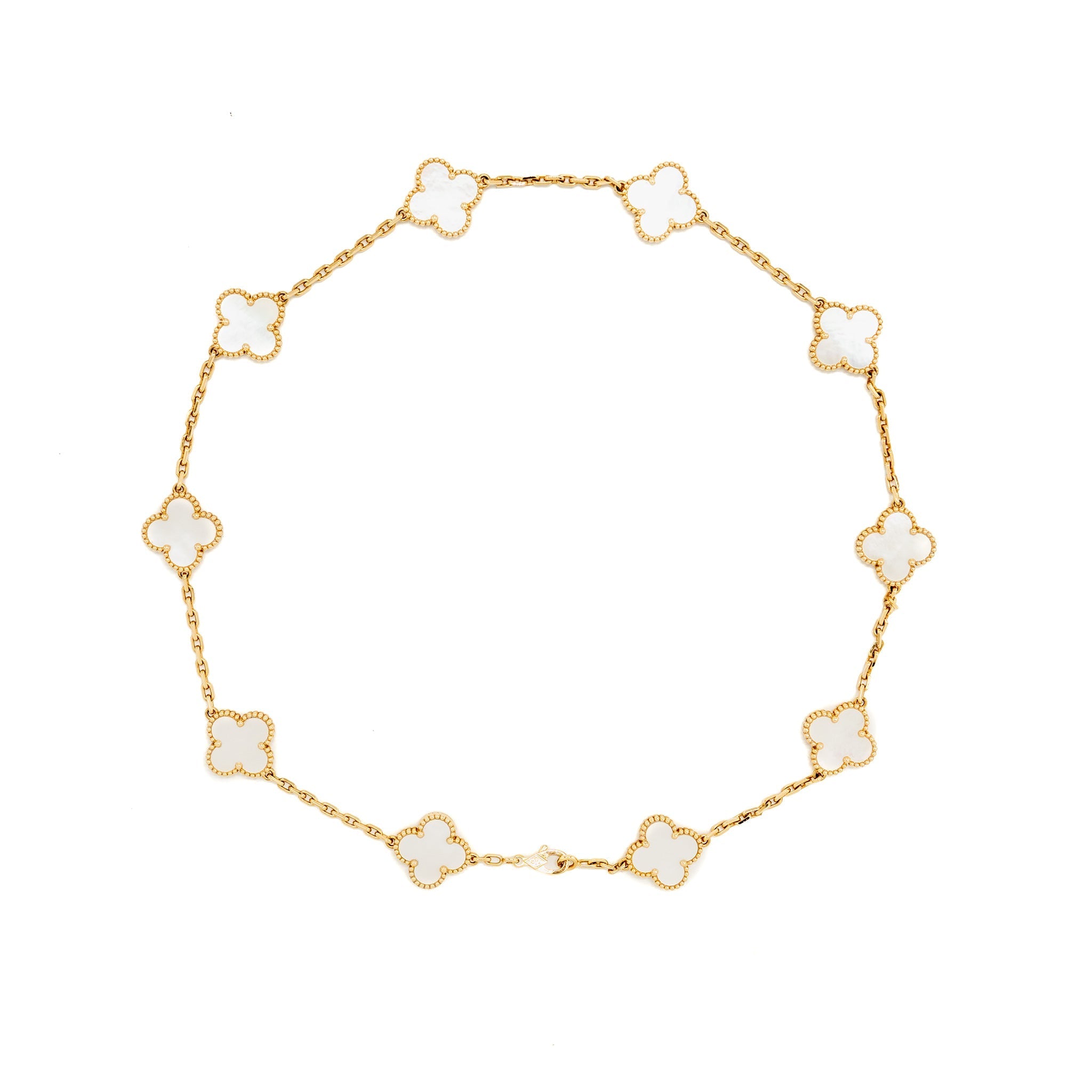 VAN CLEEF & ARPELS VINTAGE ALHAMBRA 10-MOTIF NECKLACE, YELLOW GOLD, WHITE MOTHER-OF-PEARL