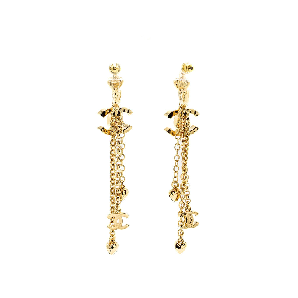 CHANEL CC LOGO HEART DROPPED EARRINGS LIGHT GOLD TONE