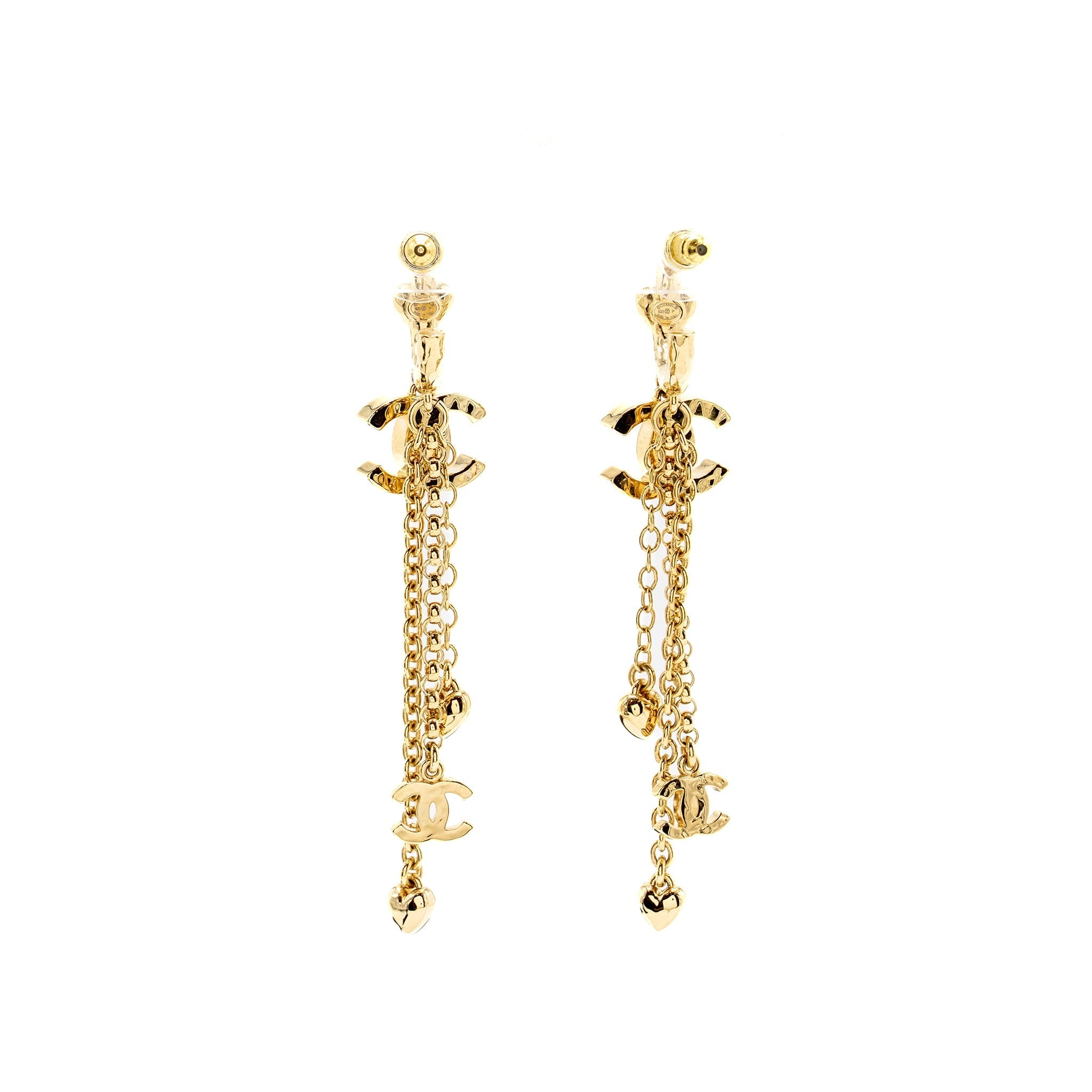 CHANEL CC LOGO HEART DROPPED EARRINGS LIGHT GOLD TONE