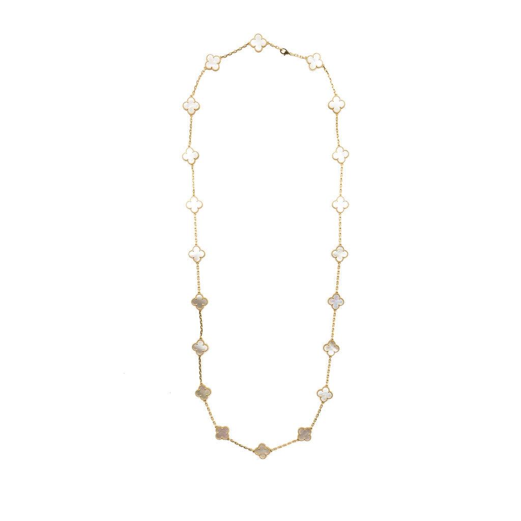 VAN CLEEF AND ARPELS VINTAGE ALHAMBRA 20-MOTIF LONG NECKLACE YELLO GOLD, WHITE MOTHER OF PEARL