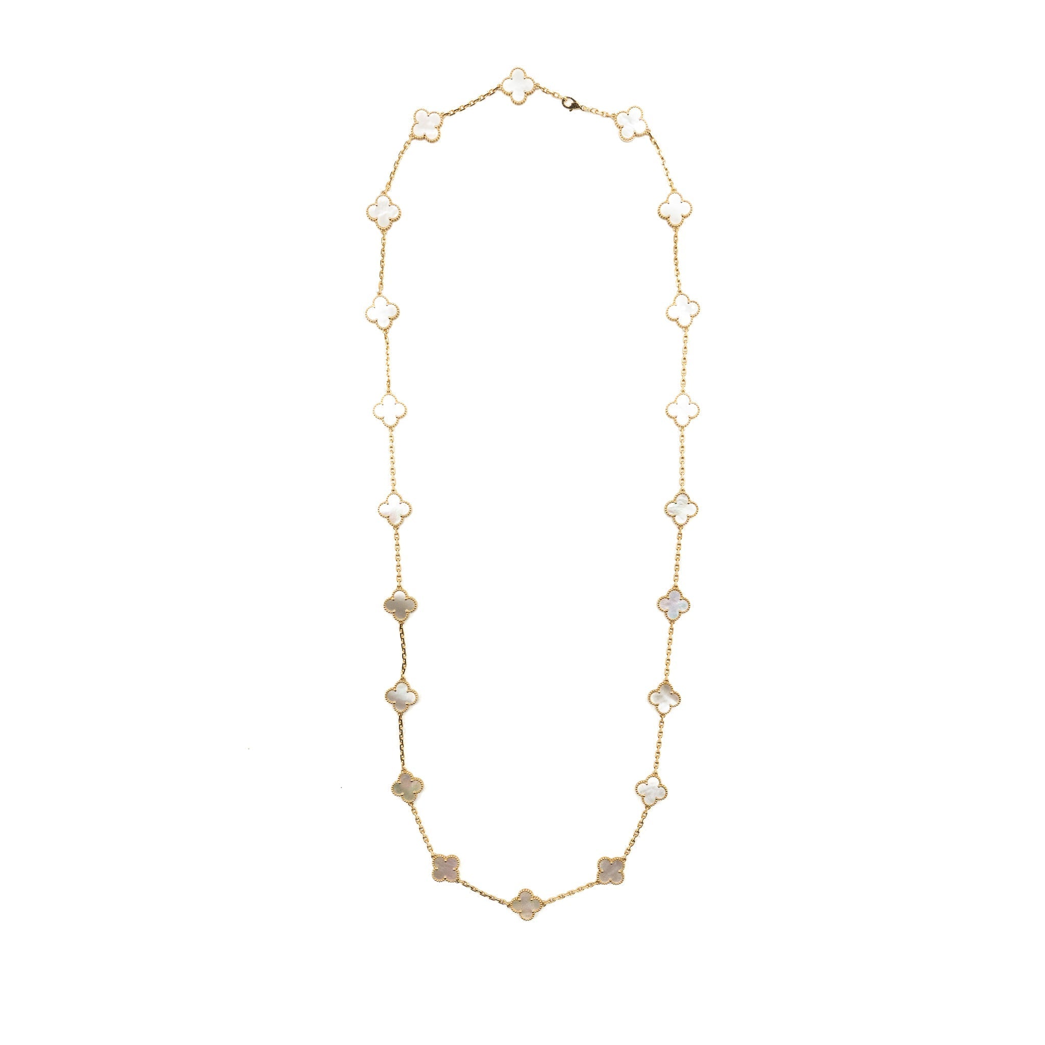 VAN CLEEF AND ARPELS VINTAGE ALHAMBRA 20-MOTIF LONG NECKLACE YELLO GOLD, WHITE MOTHER OF PEARL