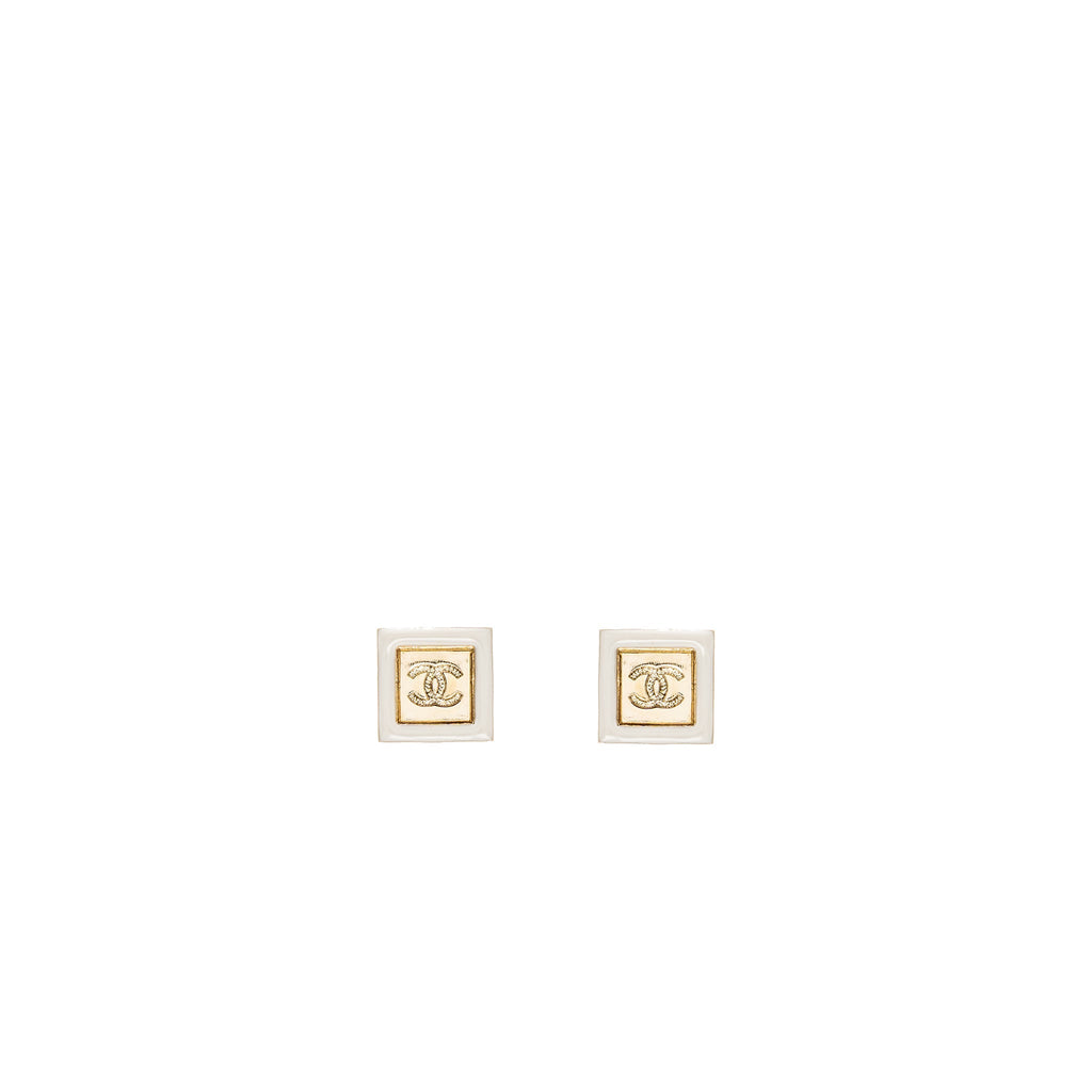 CHANEL SQUARE AND CC LOGO EARRINGS WHITE GOLD TONE