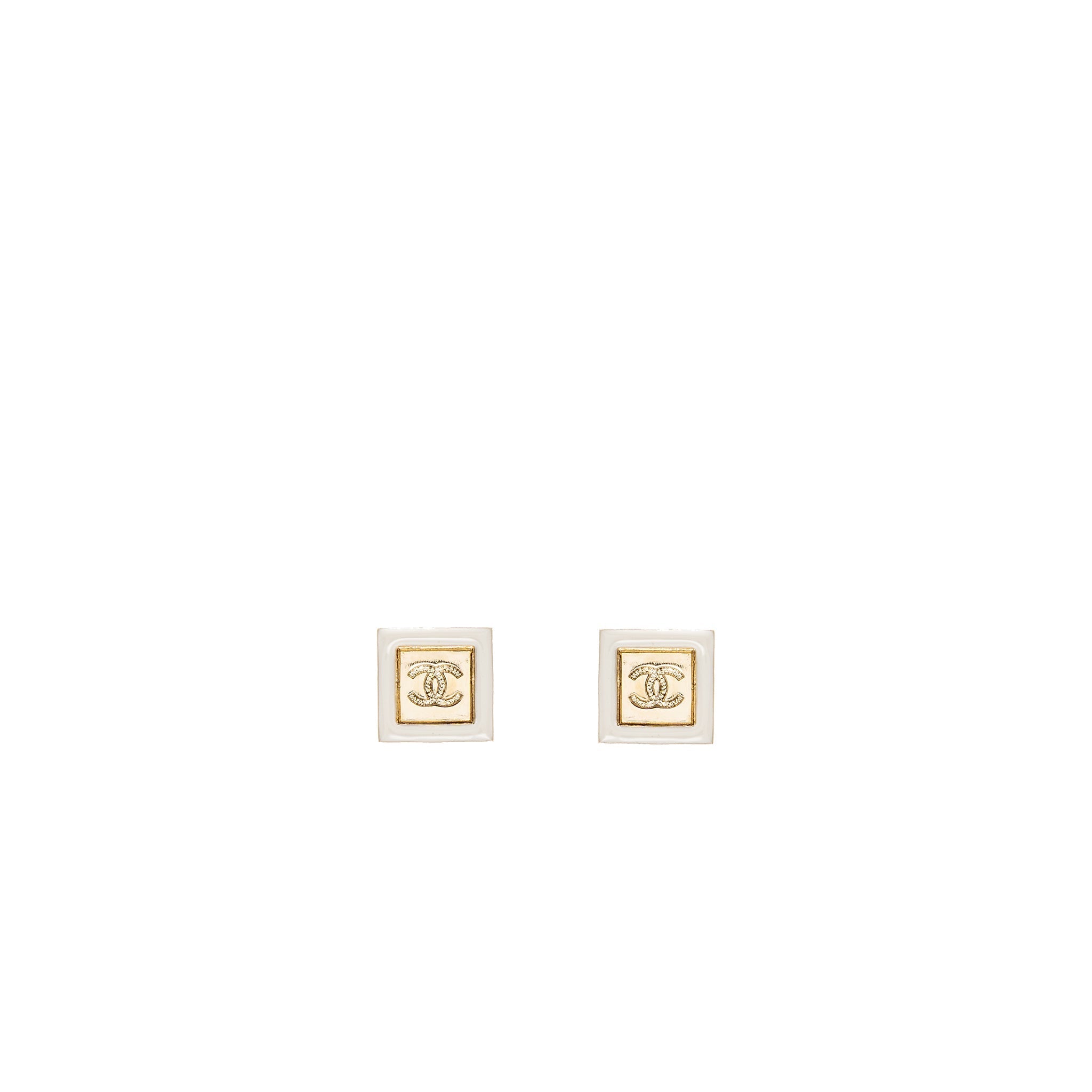 CHANEL SQUARE AND CC LOGO EARRINGS WHITE GOLD TONE