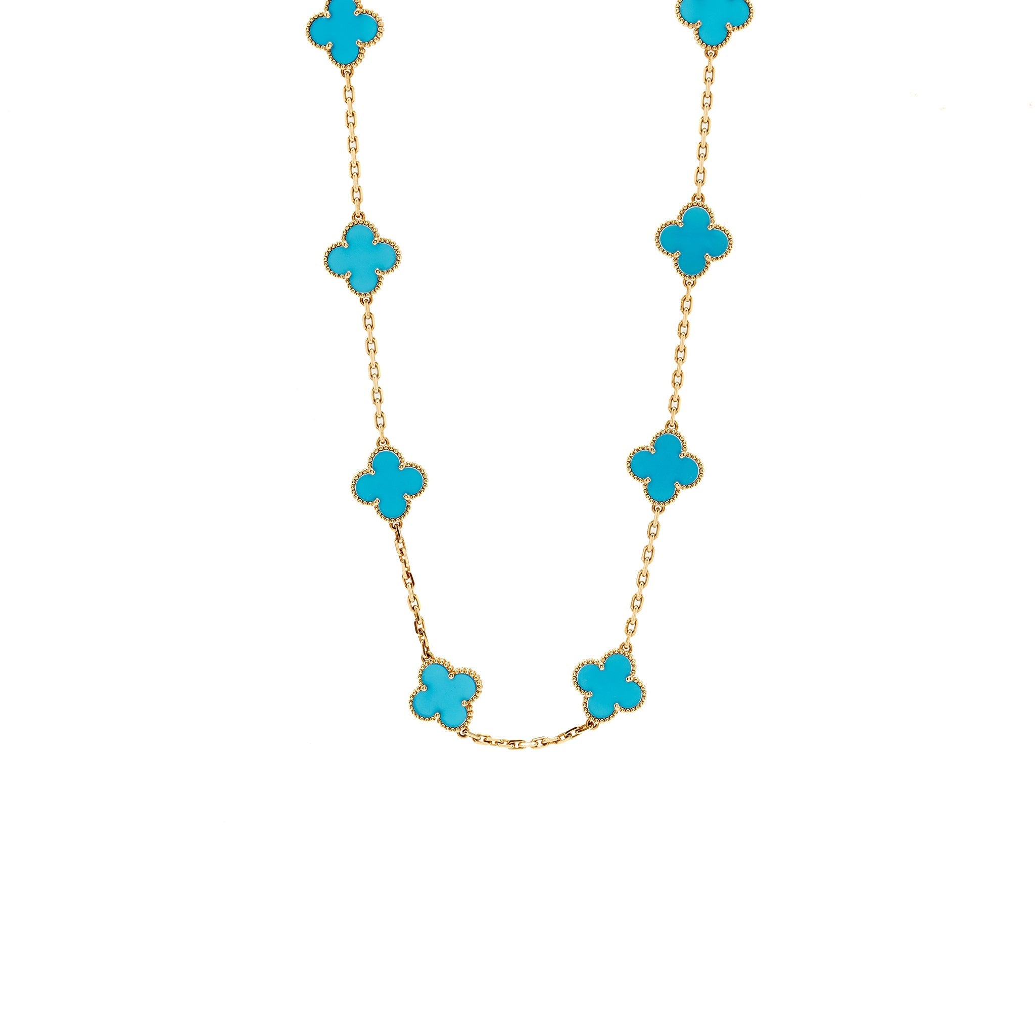 VAN CLEEF & ARPELS VINTAGE ALHAMBRA NECKLACE, 10 MOTIFS YELLOW GOLD/BLUE AGATE