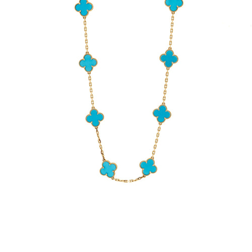 VAN CLEEF & ARPELS VINTAGE ALHAMBRA NECKLACE, 10 MOTIFS YELLOW GOLD/BLUE AGATE