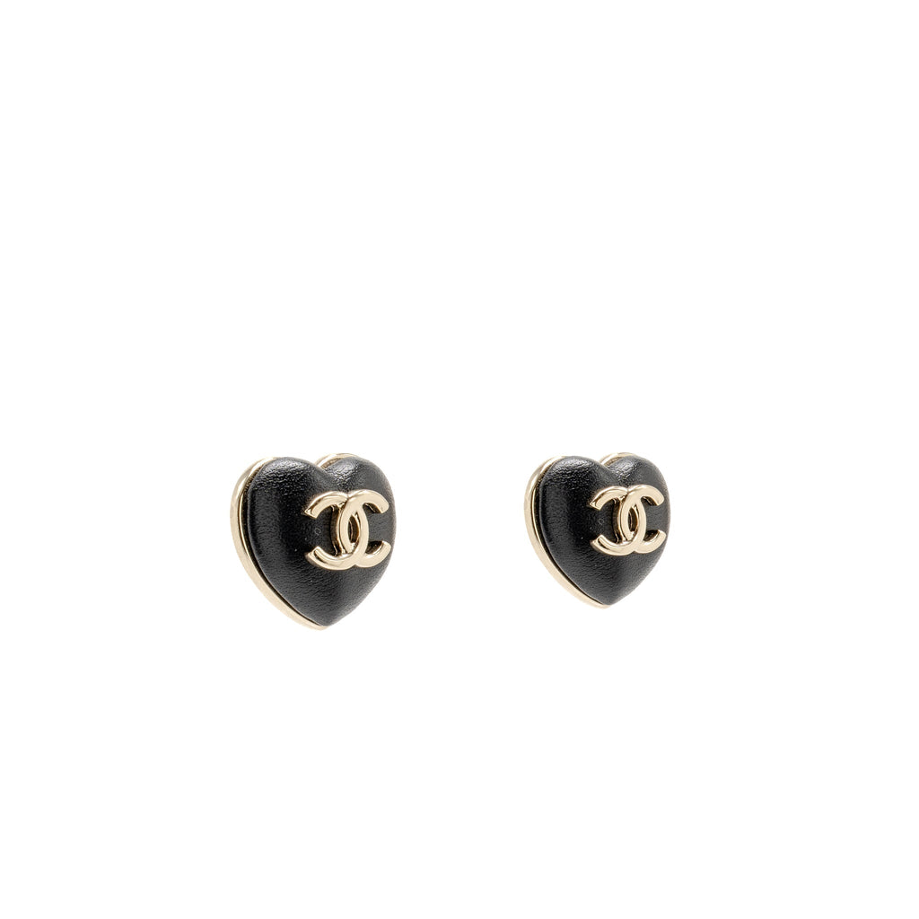 CHANEL 22K CC LOGO HEART SHAPE EARRINGS LAMBSKIN BLACK LGHW