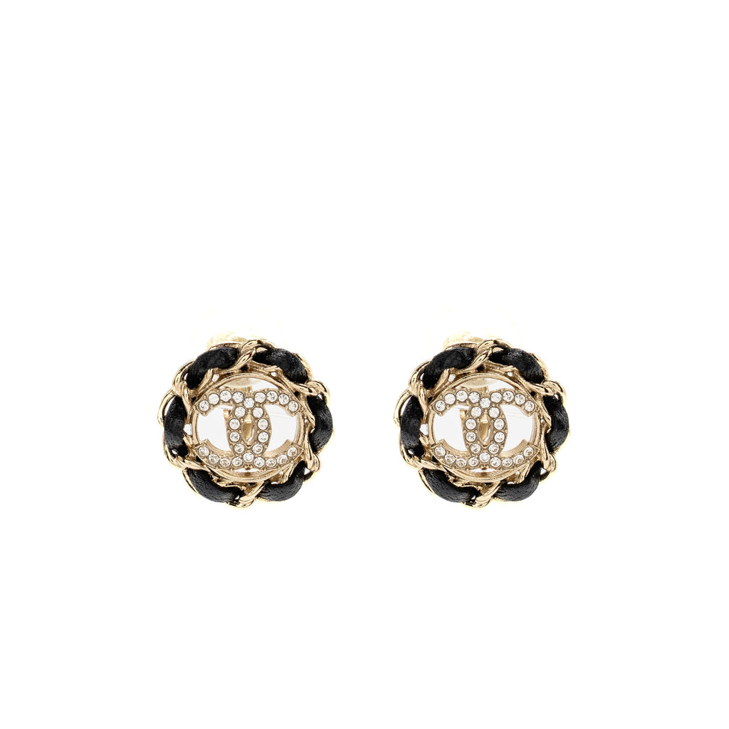 CHANEL LEATHER CHAIN ROUND CC LOGO EAR CLIPS LIGHT GOLD TONE