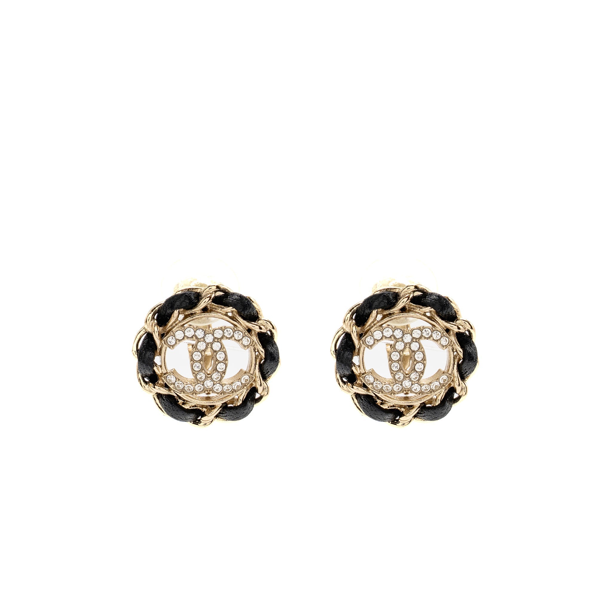 CHANEL LEATHER CHAIN ROUND CC LOGO EAR CLIPS LIGHT GOLD TONE