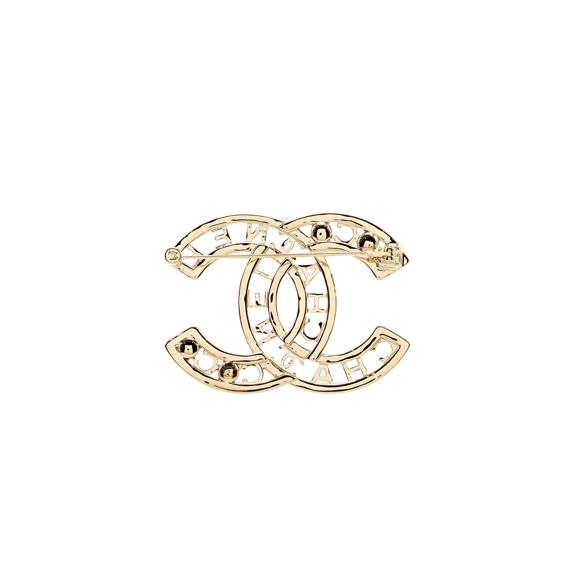 CHANEL CC LOGO CRYSTAL /PEARL BROOCH LIGHT GOLD TONE