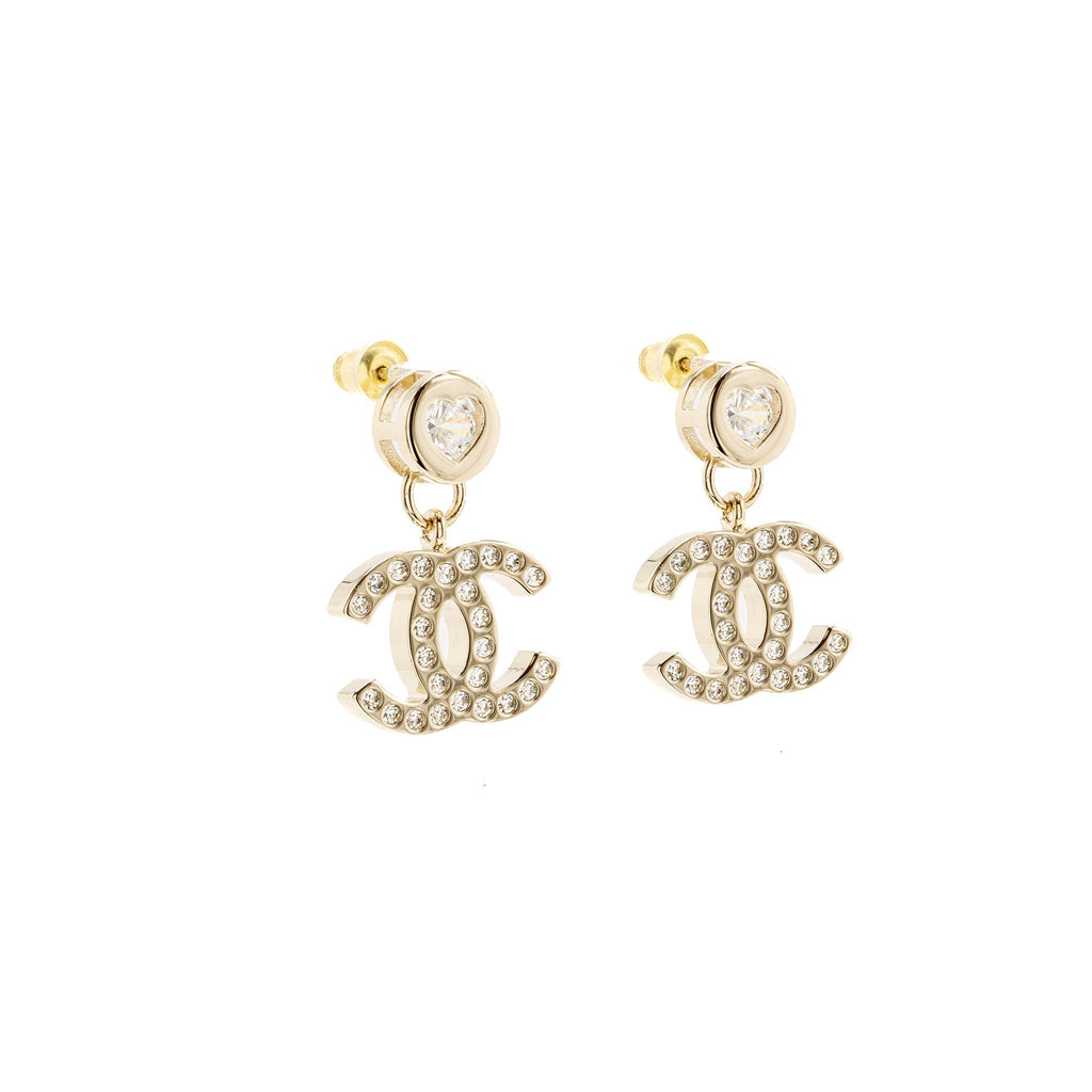 CHANEL HEART SHAPE CC LOGO DROP CRYSTAL LIGHT GOLD TONE