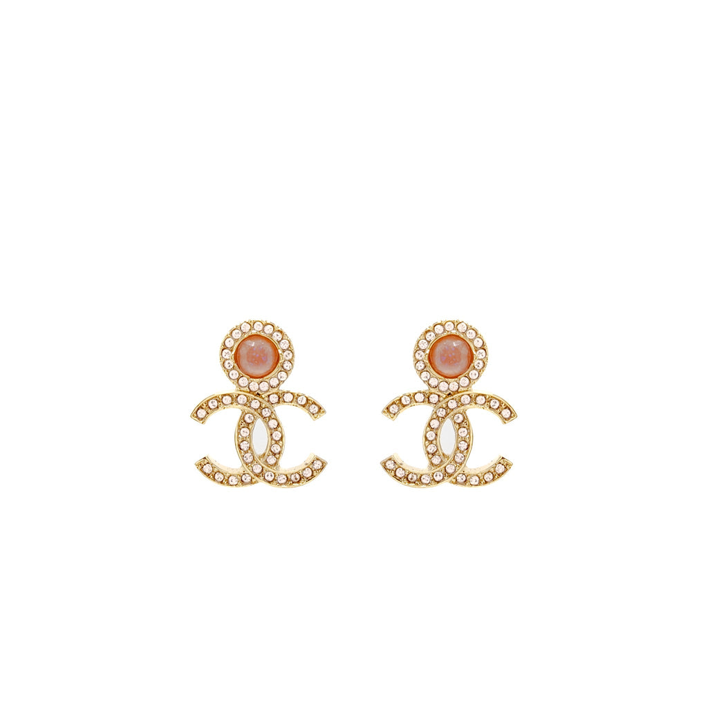CHANEL CC LOGO EARRINGS PINK CRYSTAL GOLD TONE