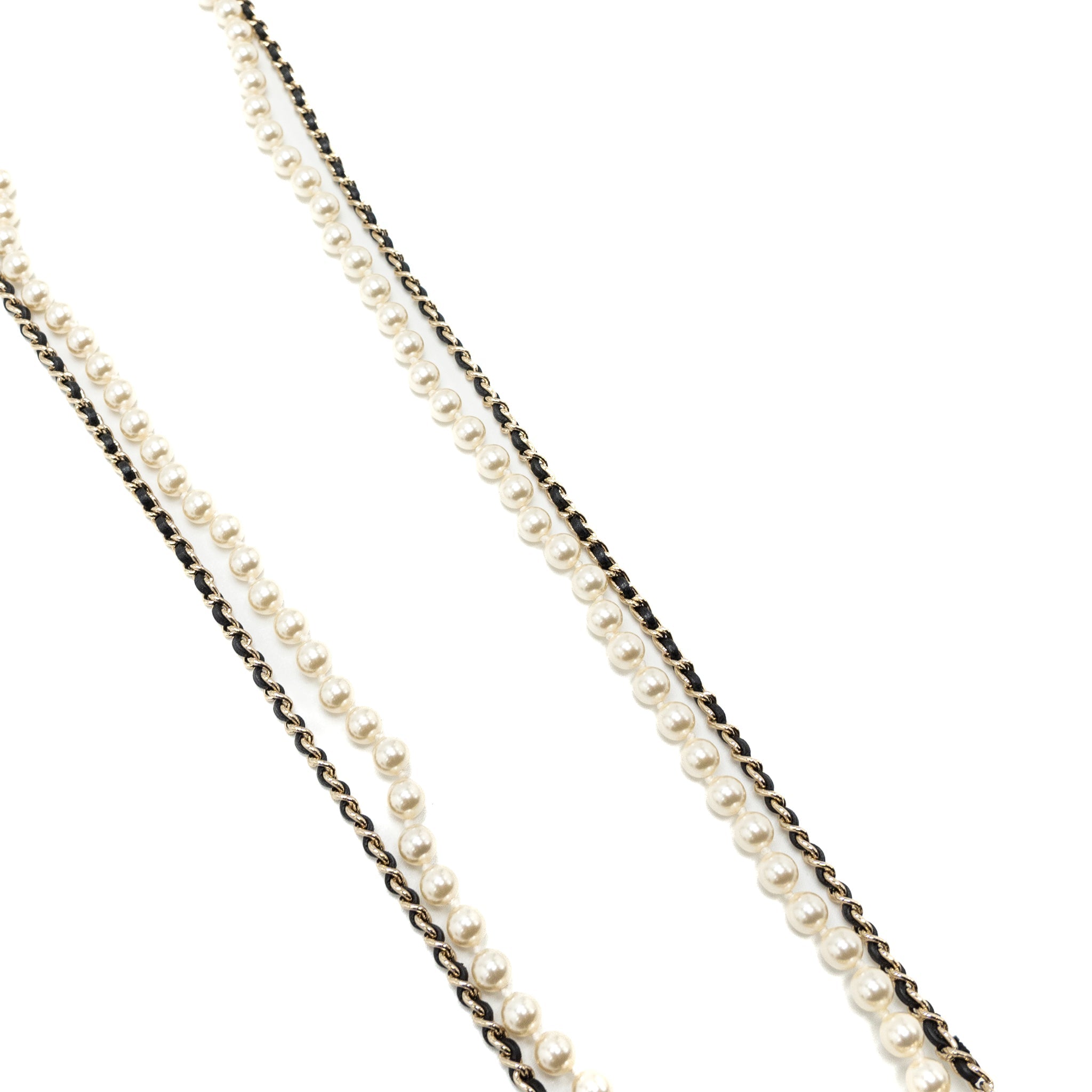 CHANEL MICRO BAG NECKLACE PEARL/ LEATHER CHAIN LGHW