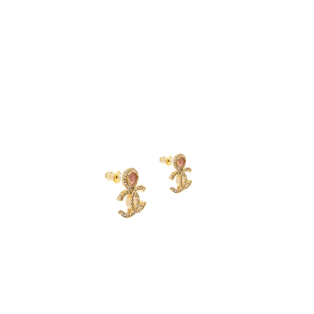 CHANEL CC LOGO EARRINGS WITH PINK/CRYSTAL GOLD TONE