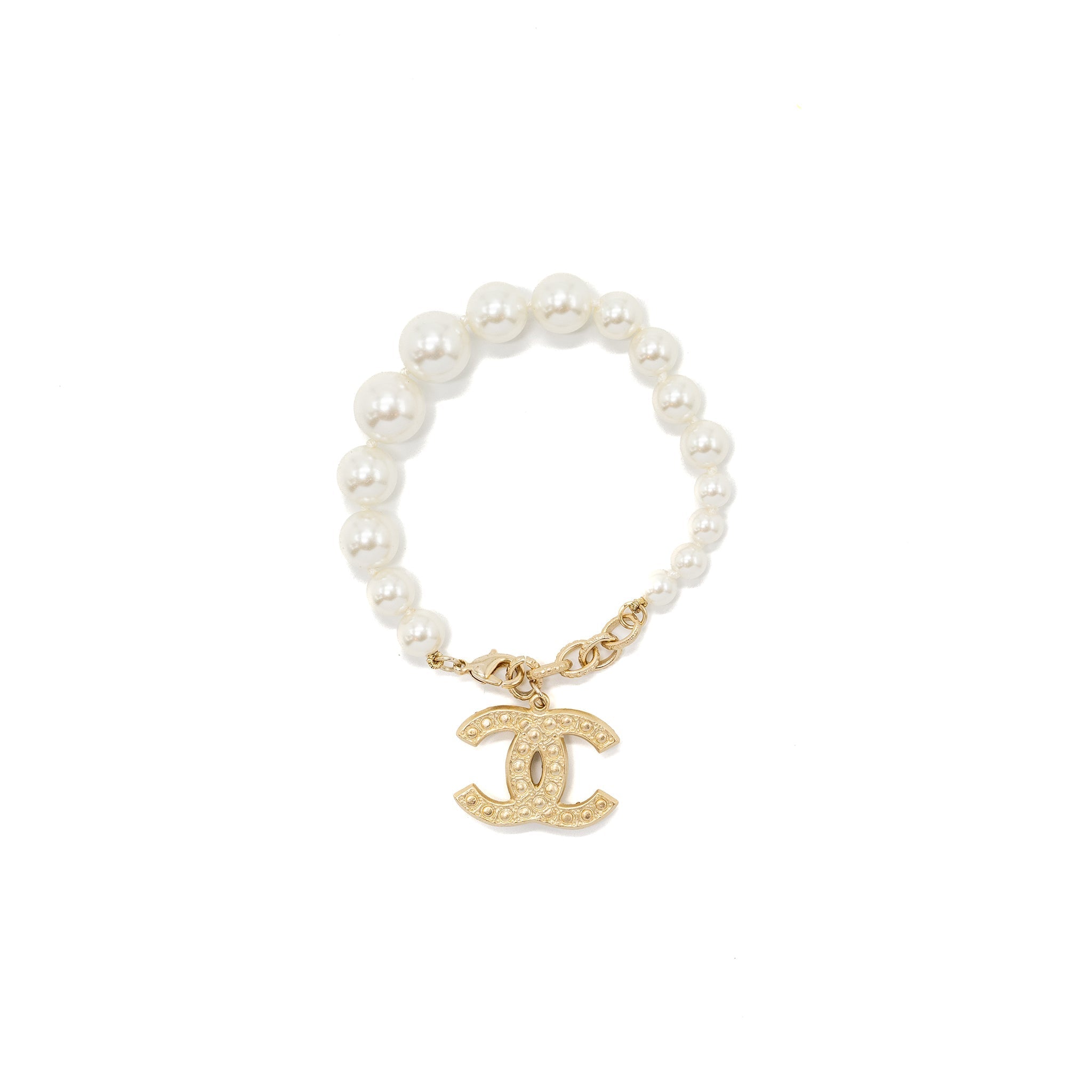 CHANEL CC LOGO DROPPED BRACELET WITH CRYSTAL / PEARL LIGHT GOLD TONE