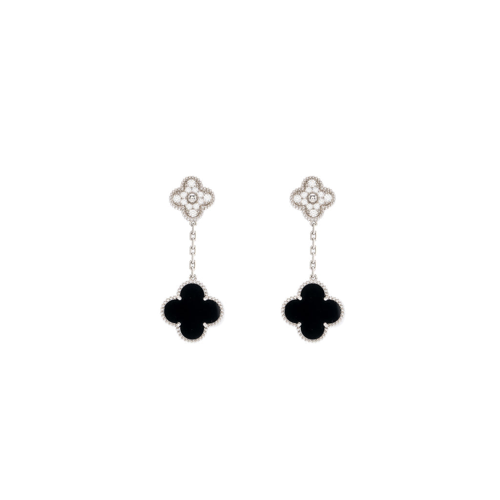 VAN CLEEF & ARPELS MAGIC ALHAMBRA 2-MOTIFS EARRINGS WHITE GOLD/ ONYX/ DIAMONDS