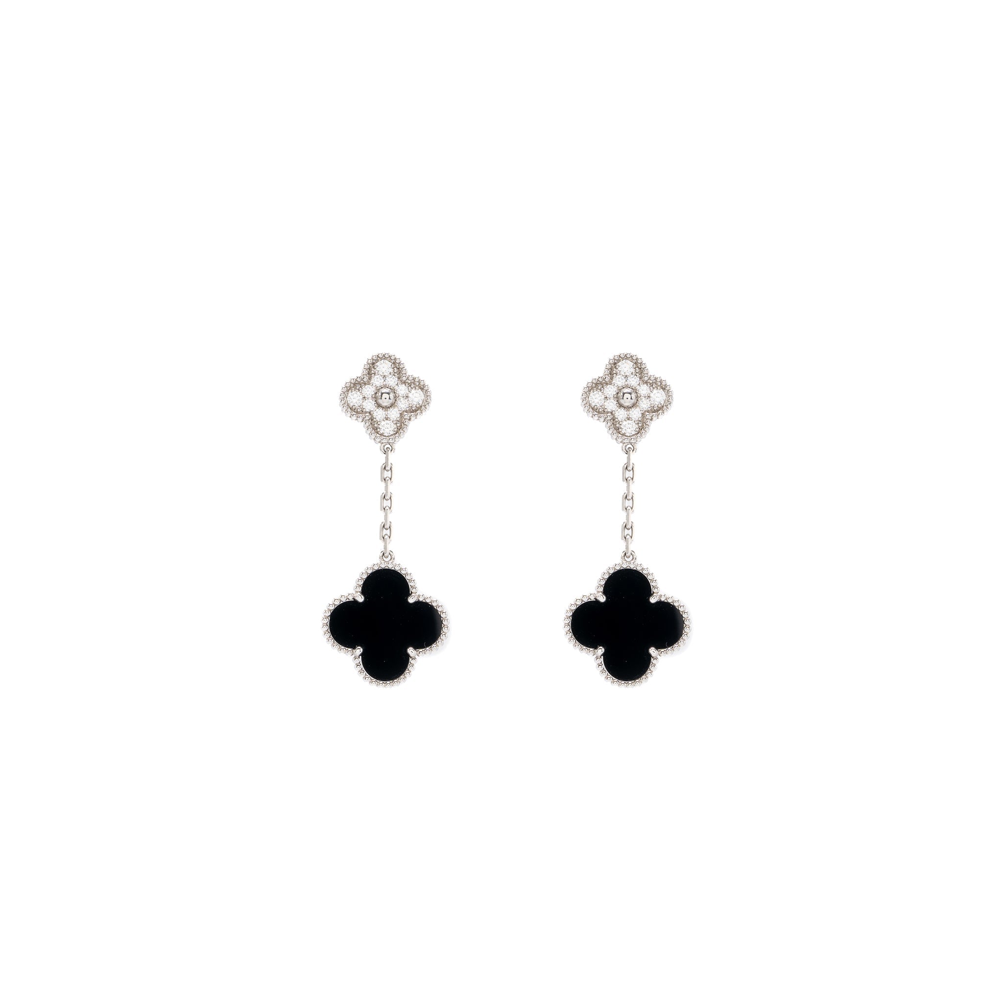 VAN CLEEF & ARPELS MAGIC ALHAMBRA 2-MOTIFS EARRINGS WHITE GOLD/ ONYX/ DIAMONDS