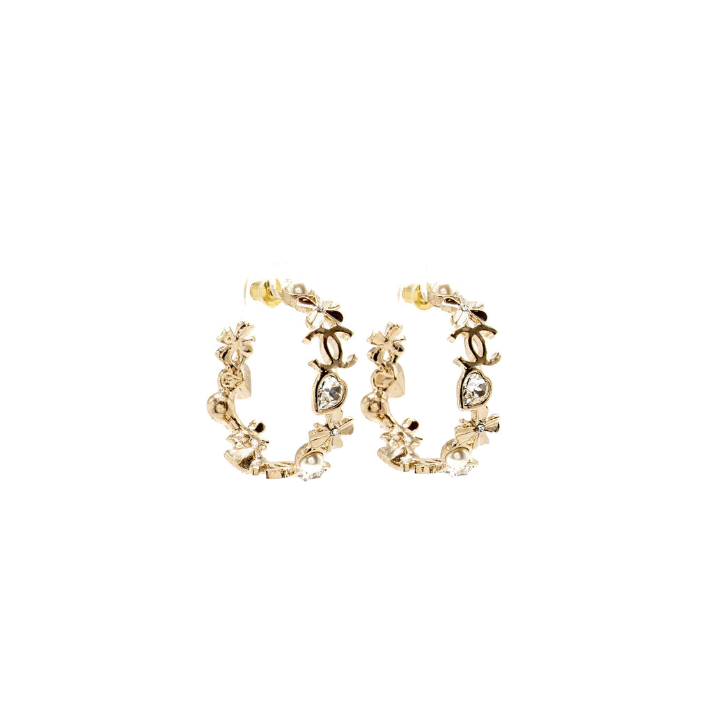 CHANEL 22S HOOP EARRINGS CRYSTAL/PEARL LIGHT GOLD TONE