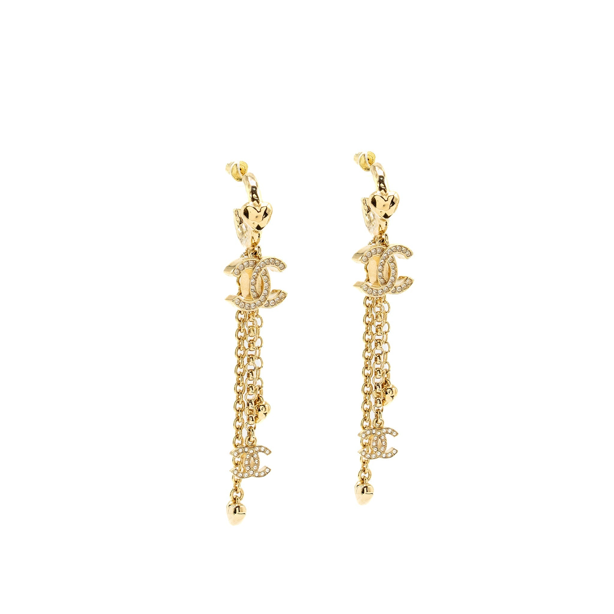 CHANEL CC LOGO HEART DROPPED EARRINGS LIGHT GOLD TONE