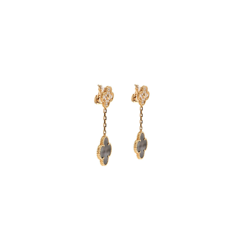 VAN CLEEF & ARPELS MAGIC ALHAMBRA 2-MOTIFS EARRINGS ROSE GOLD GREY MOTHER OF PEARL, DIAMONDS