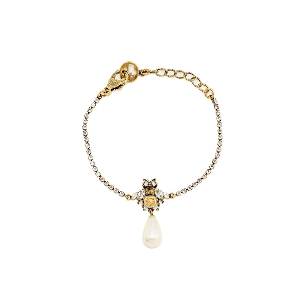 GUCCI BEE NECKLACE AND BRACELET CRYSTAL/PEARL GOLD TONE (SELL IN A SET)