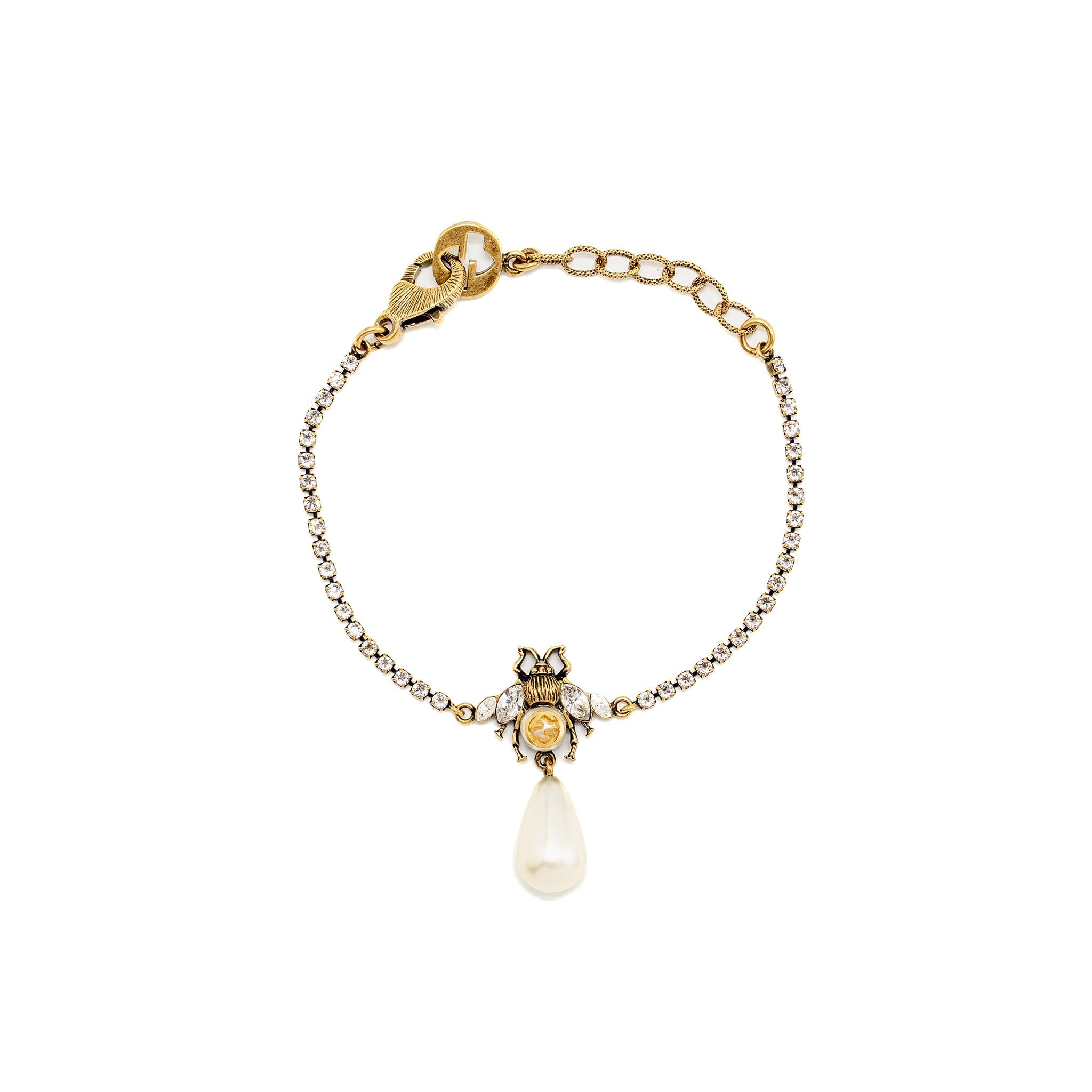 GUCCI BEE NECKLACE AND BRACELET CRYSTAL/PEARL GOLD TONE (SELL IN A SET)