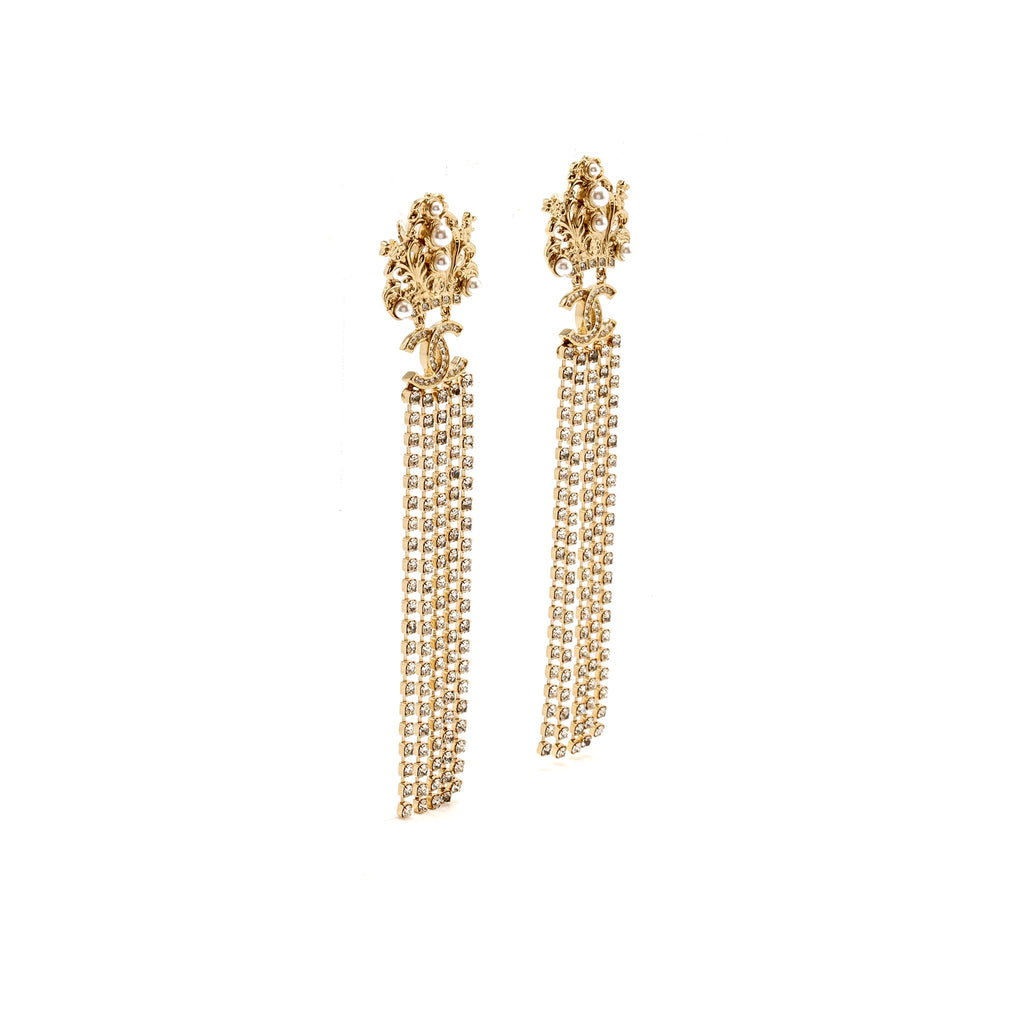 CHANEL CROWN WITH PEARL AND CC LOGO WITH CRYSTAL DROPPING EAR CLIPS LIGHT GOLD TONE