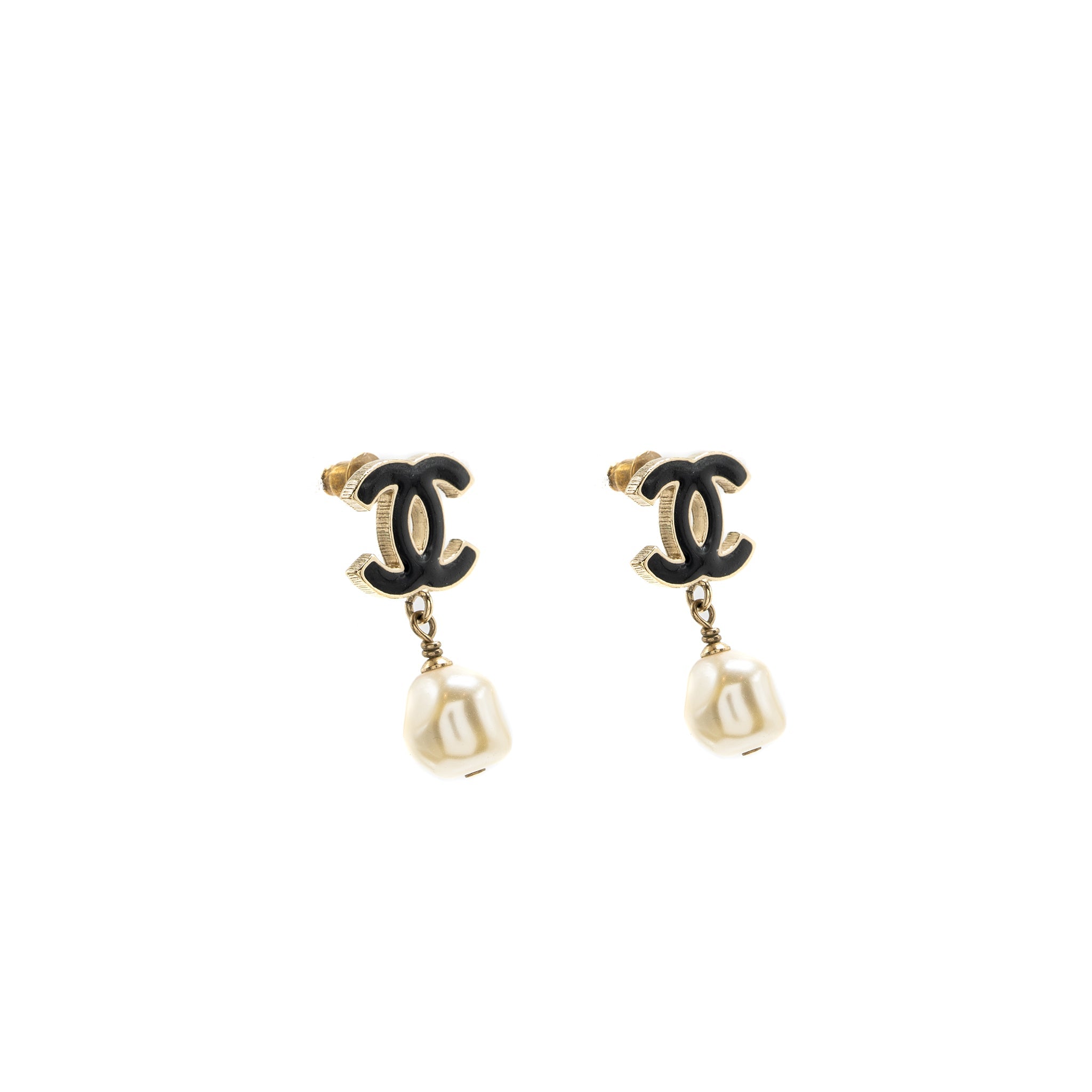 CHANEL CC LOGO EARRING PEARL DROP BLACK/LIGHT GOLD TONE