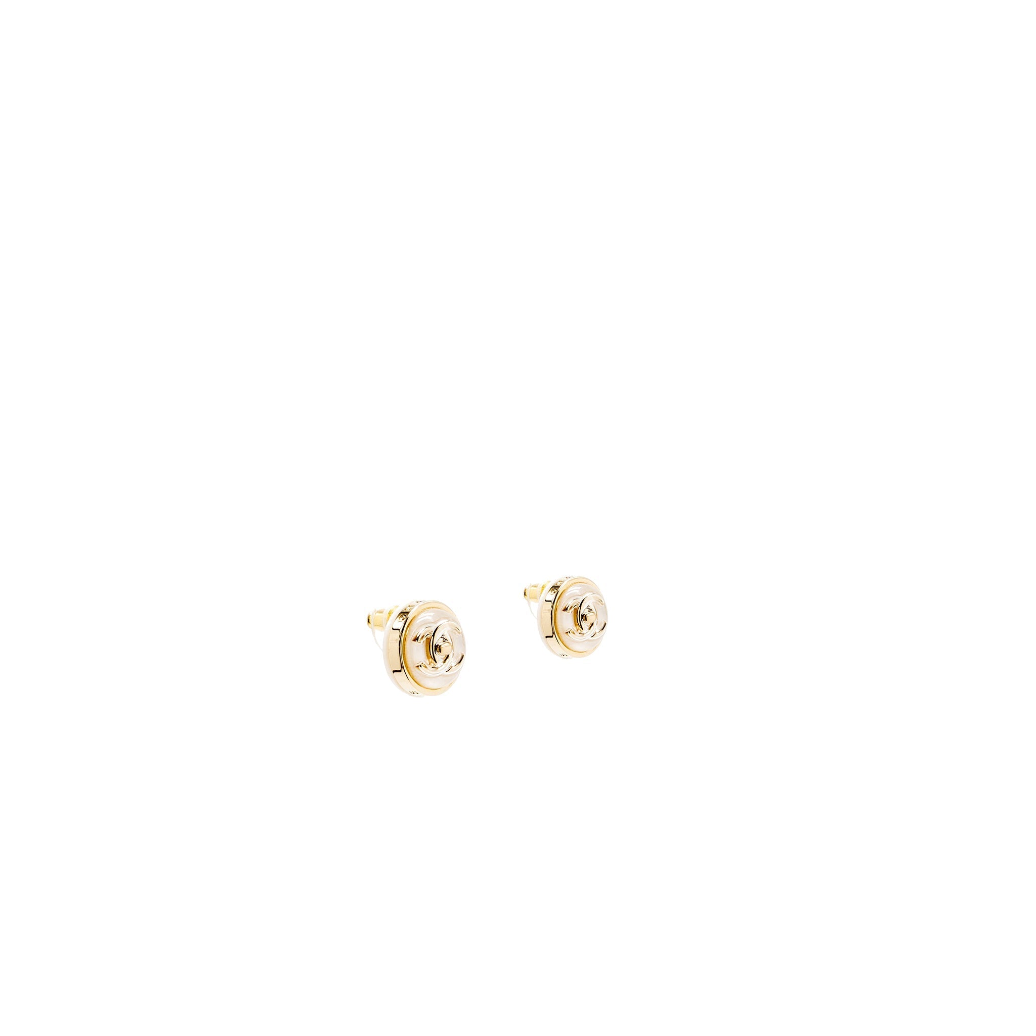CHANEL ROUND CC LOGO EARRINGS WHITE LIGHT GOLD TONE