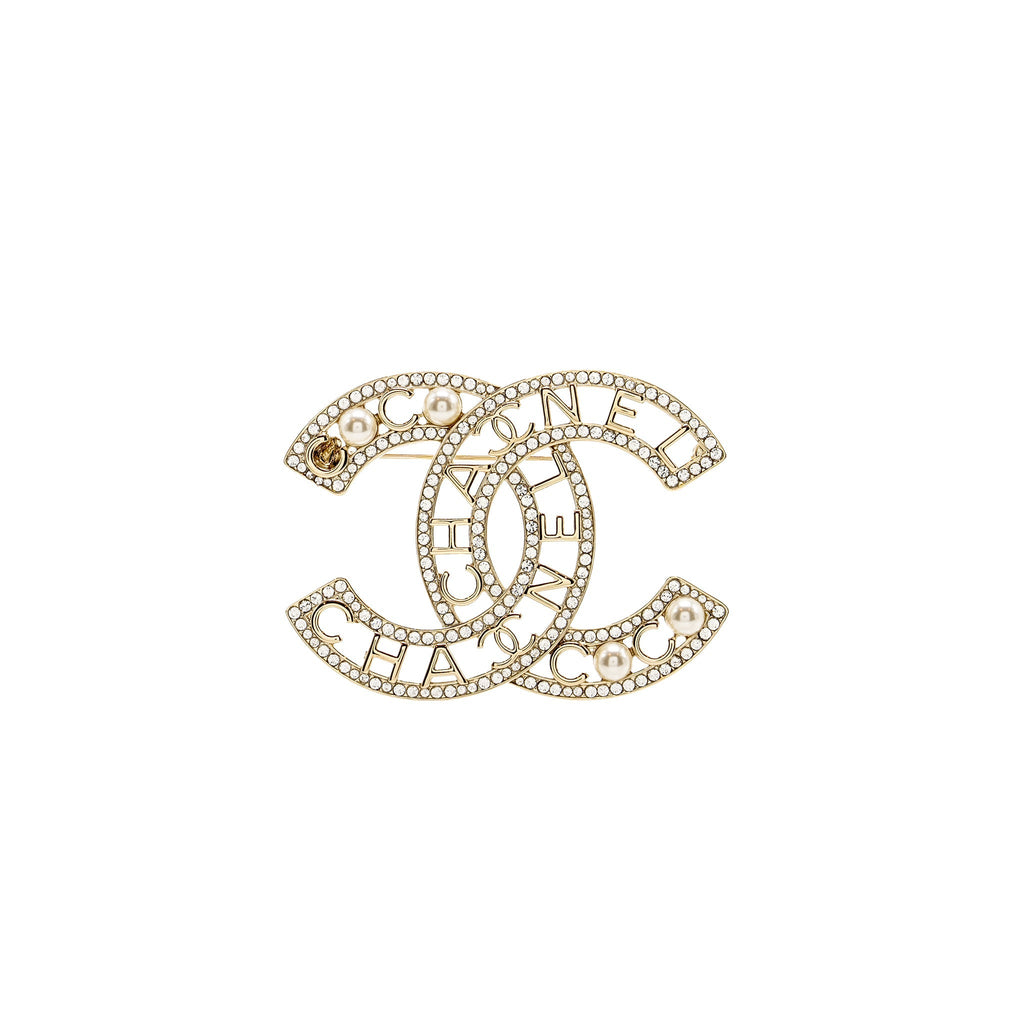 CHANEL CC LOGO CRYSTAL /PEARL BROOCH LIGHT GOLD TONE