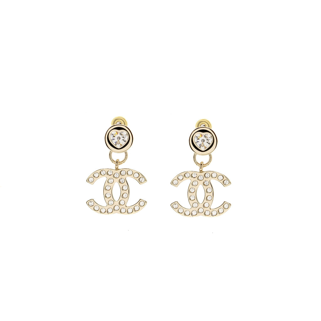 CHANEL HEART SHAPE CC LOGO DROP CRYSTAL LIGHT GOLD TONE