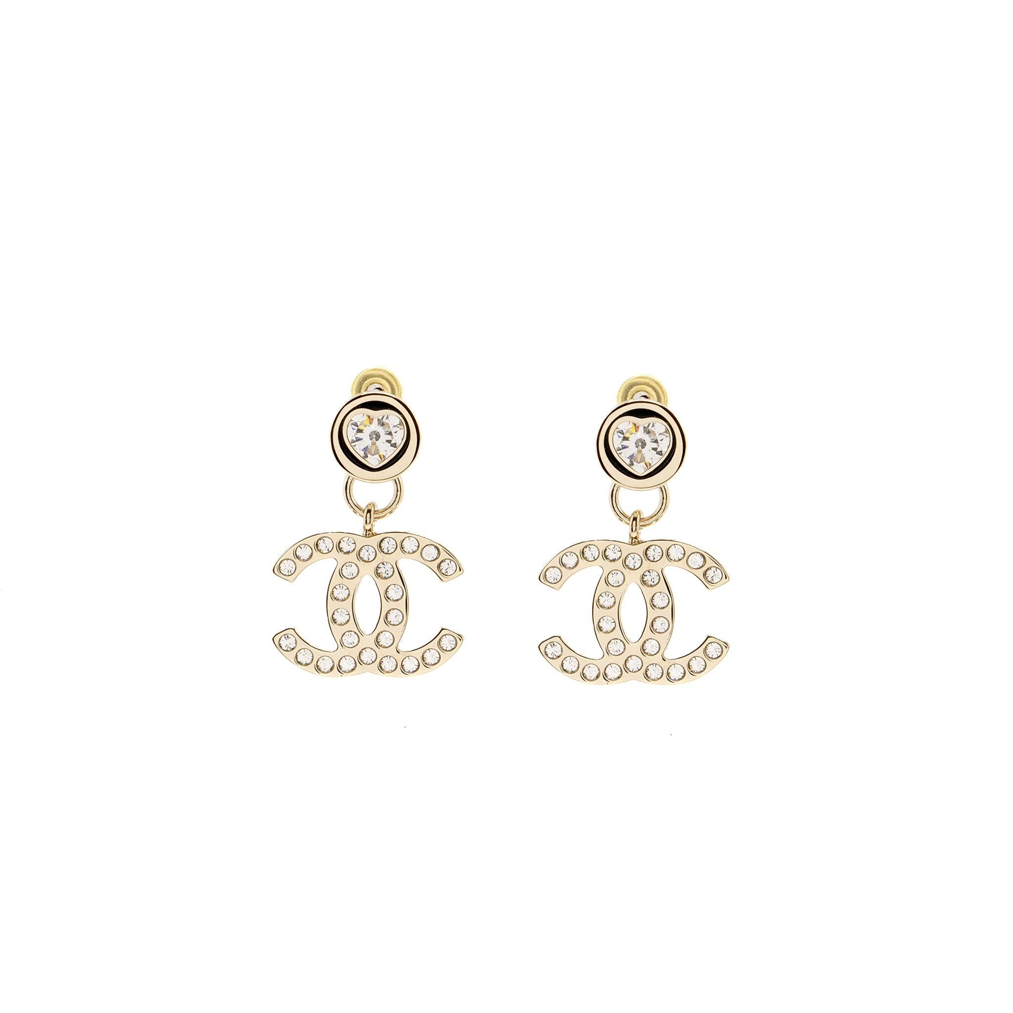 CHANEL HEART SHAPE CC LOGO DROP CRYSTAL LIGHT GOLD TONE