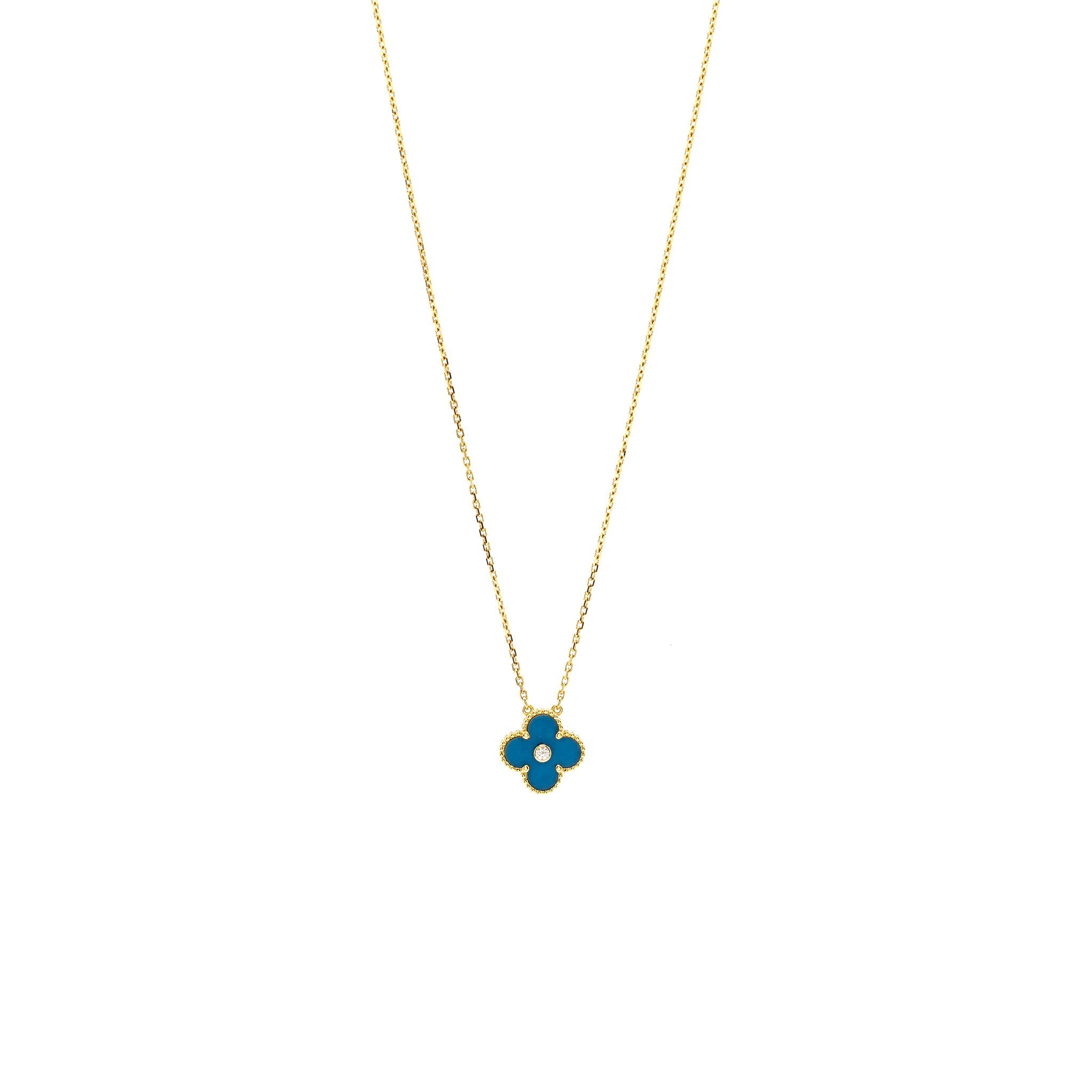 VAN CLEEF & ARPELS VINTAGE ALHAMBRA PENDANT, CELESTIAL BLUE SEVRES PROCELAIN YELLOW GOLD, DIAMOND