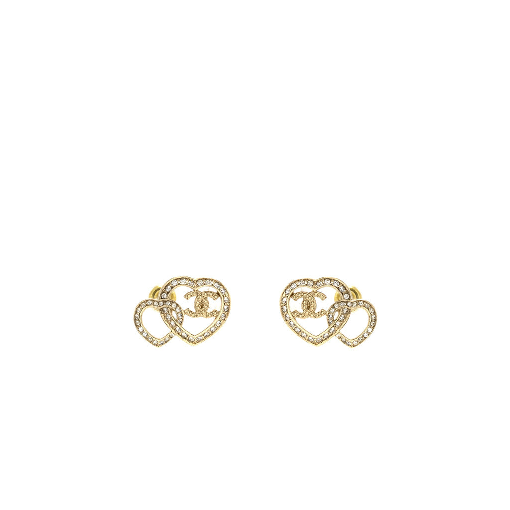 CHANEL DOUBLE HEART CC EARRINGS CRYSTAL LIGHT GOLD TONE