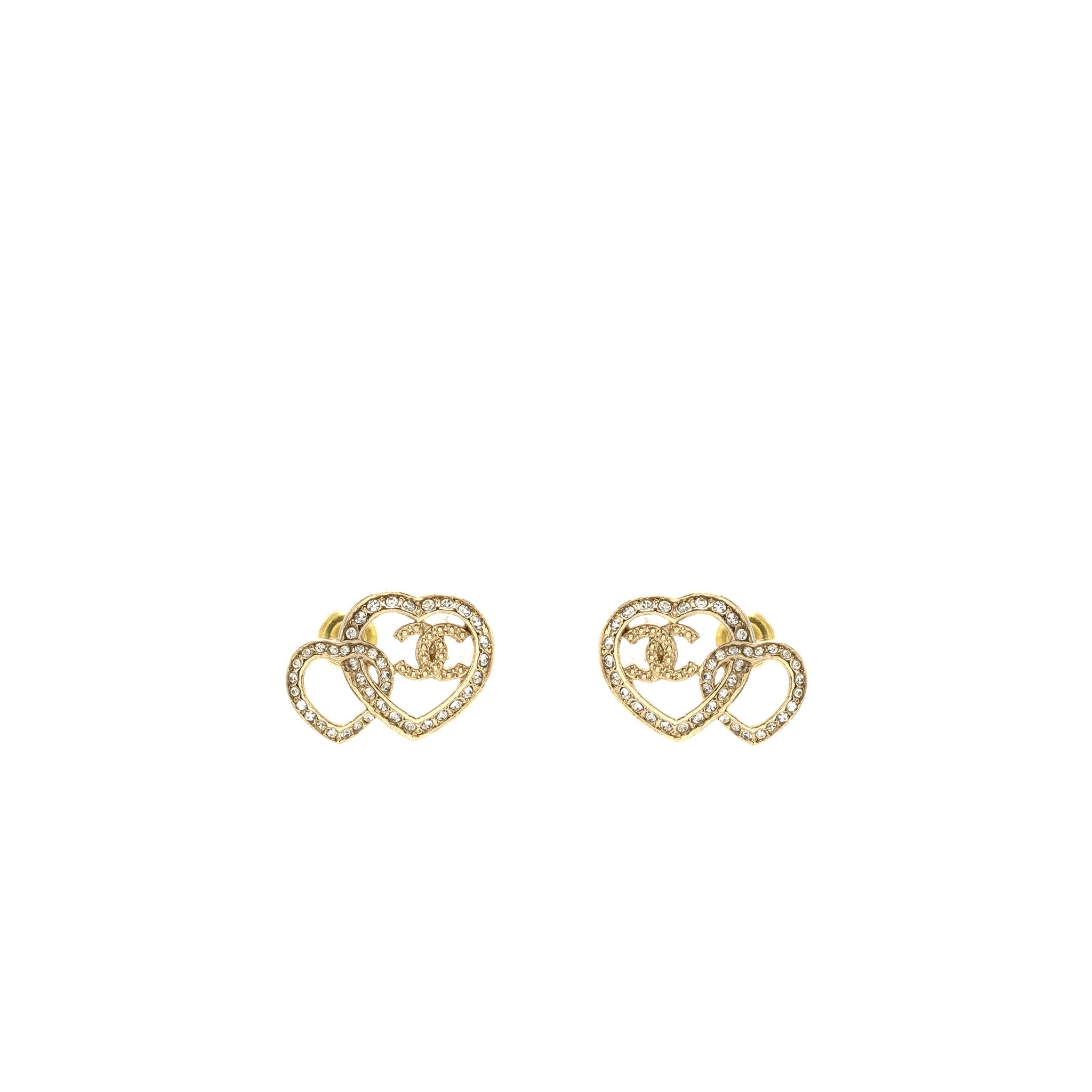 CHANEL DOUBLE HEART CC EARRINGS CRYSTAL LIGHT GOLD TONE