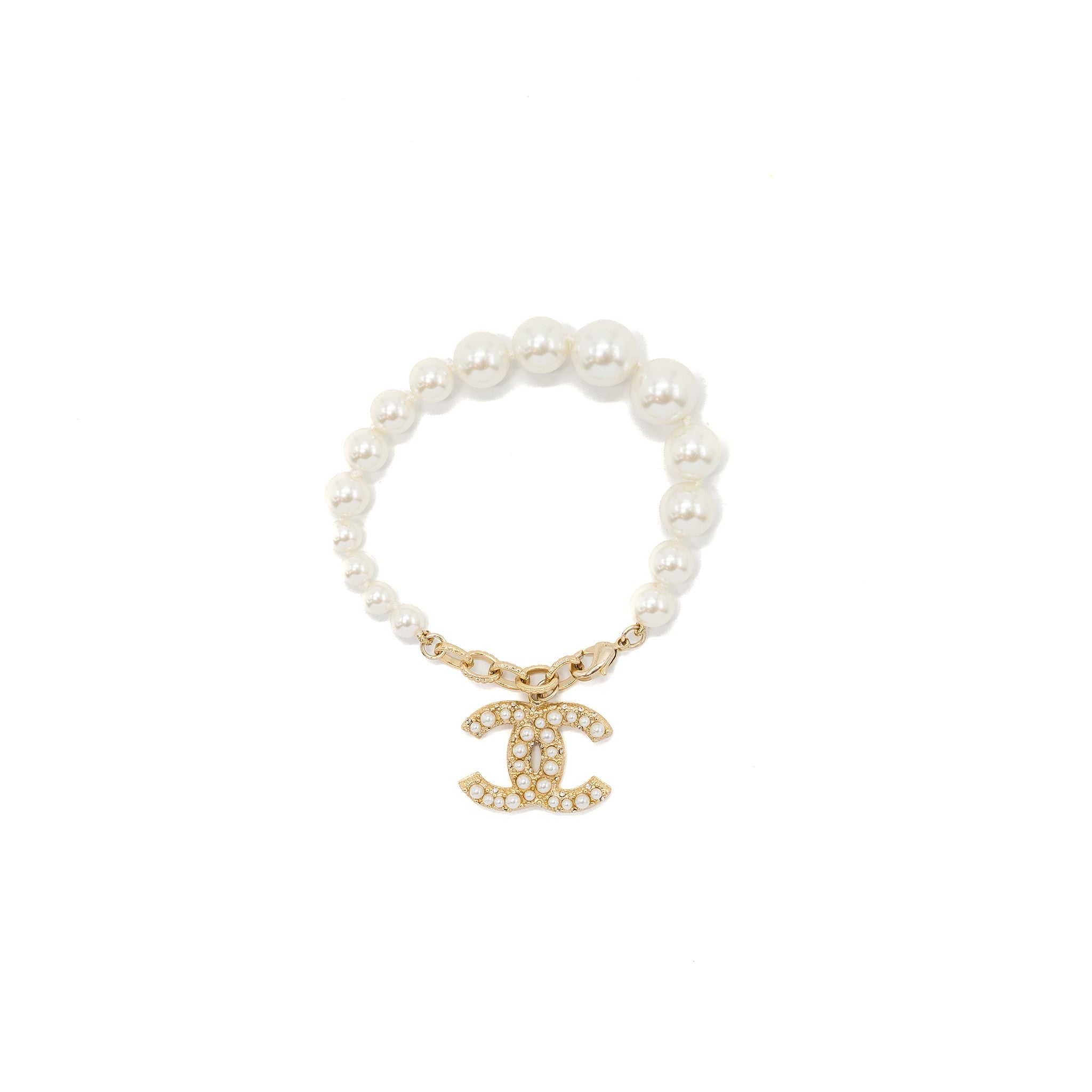 CHANEL CC LOGO DROPPED BRACELET WITH CRYSTAL / PEARL LIGHT GOLD TONE