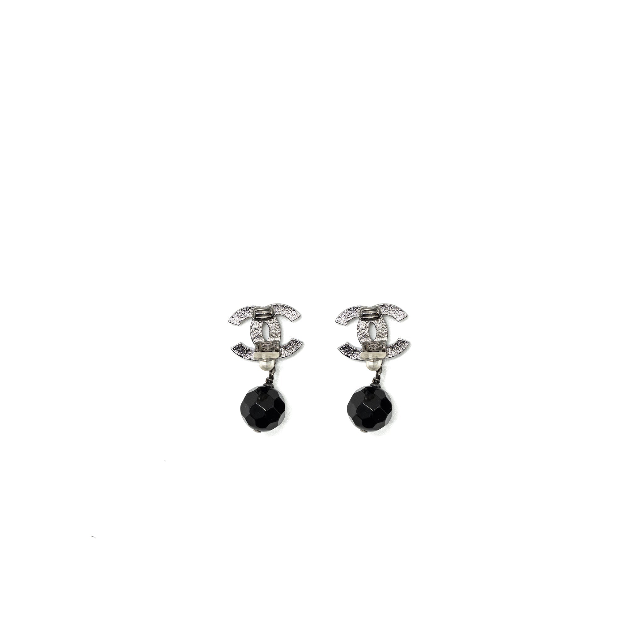CHANEL CC LOGO DROP EAR CLIPS RUTHENIUM HARDWARE