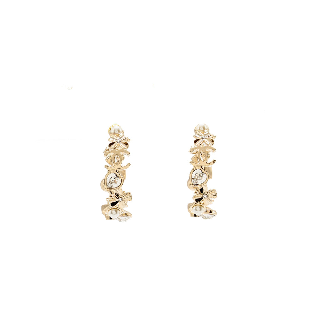 CHANEL 22S HOOP EARRINGS CRYSTAL/PEARL LIGHT GOLD TONE