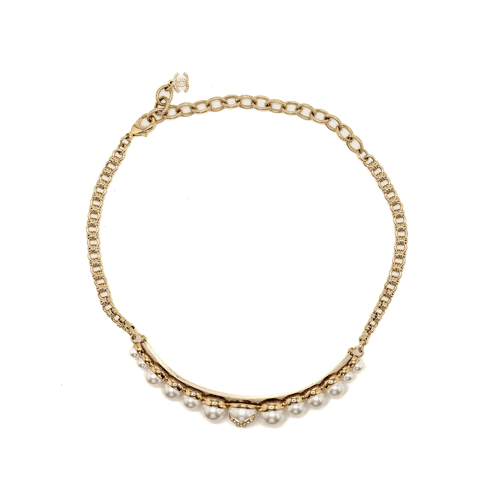 CHANEL CC LOGO PEARL CHOCKER/NECKLACE LIGHT GOLD TONE