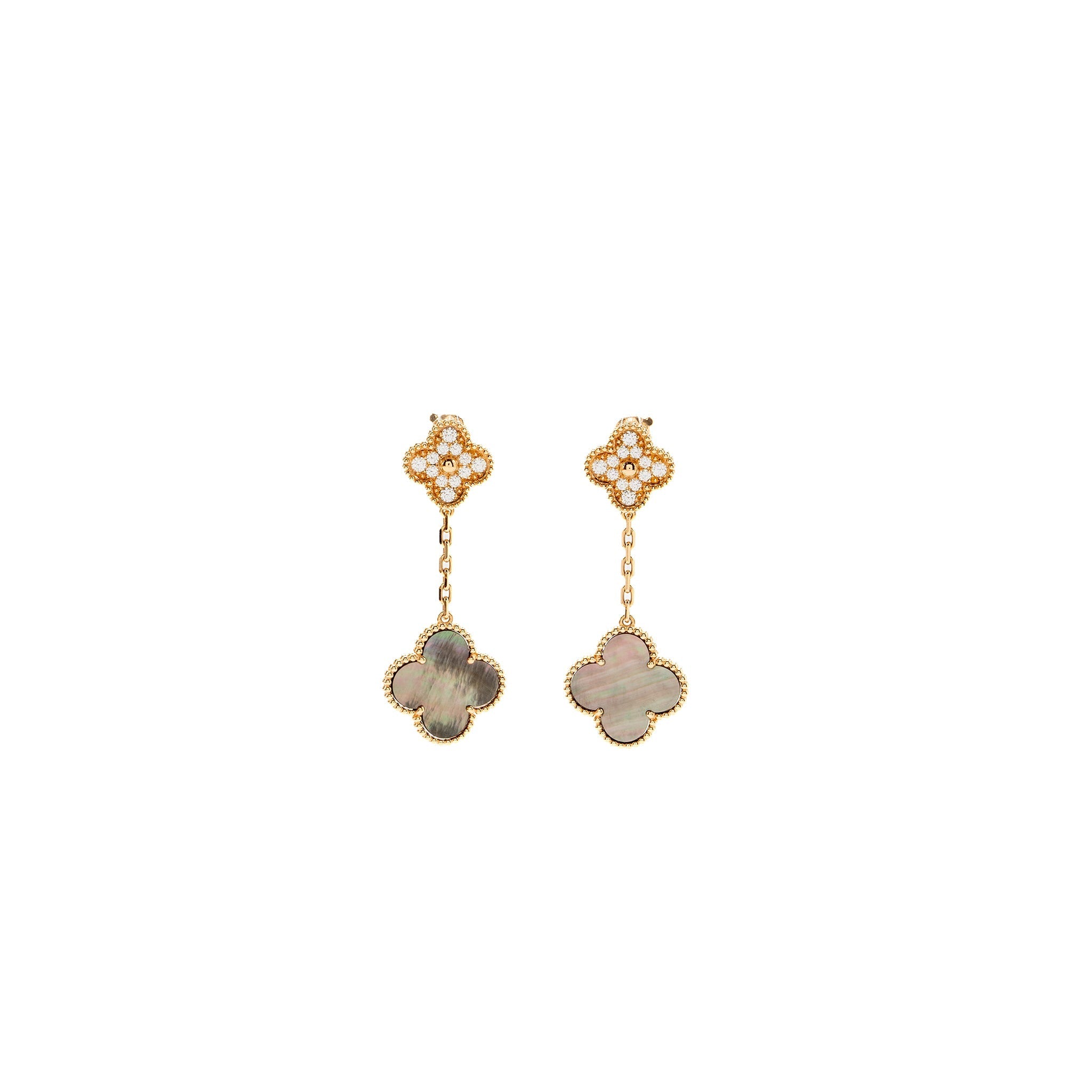 VAN CLEEF & ARPELS MAGIC ALHAMBRA 2-MOTIFS EARRINGS ROSE GOLD GREY MOTHER OF PEARL, DIAMONDS