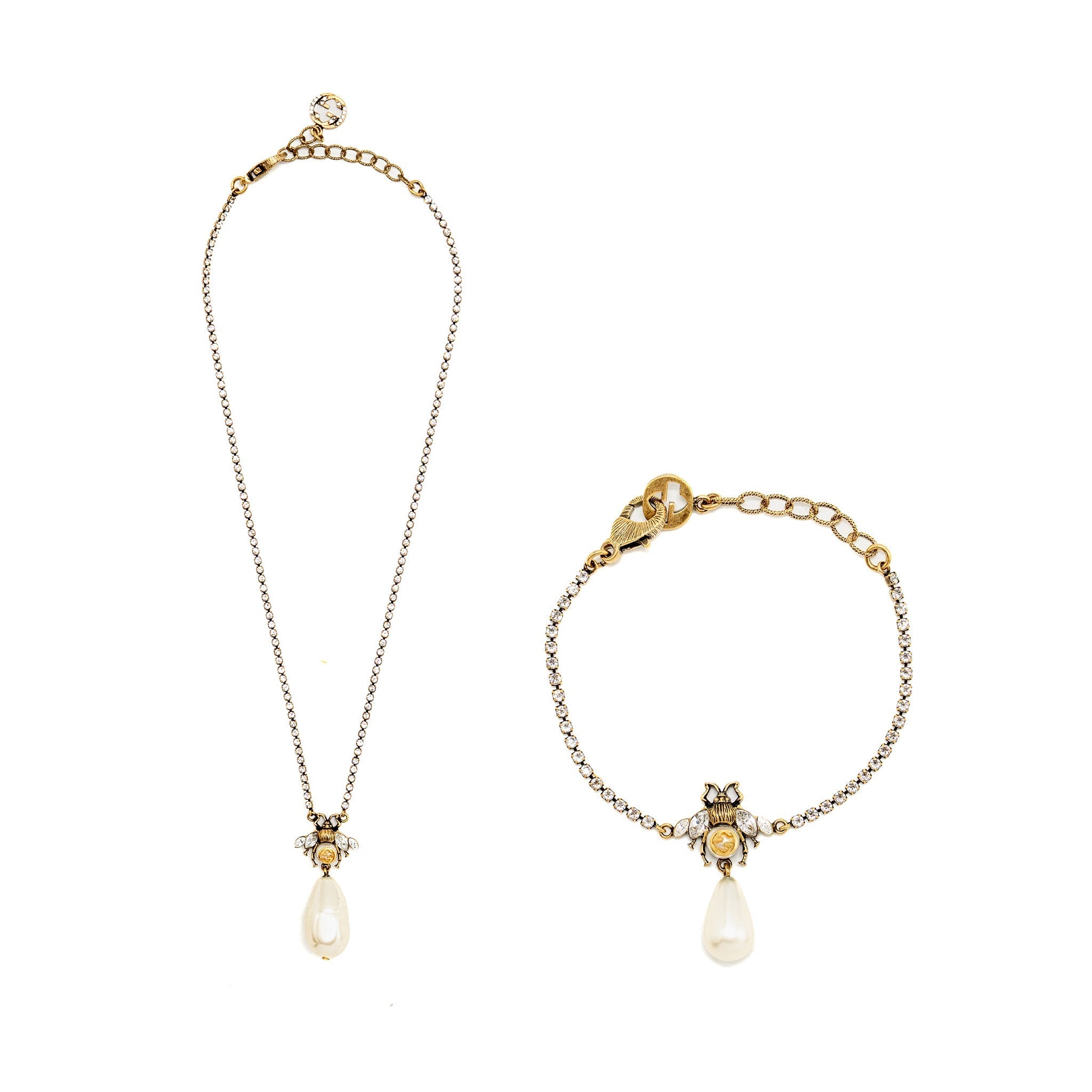 GUCCI BEE NECKLACE AND BRACELET CRYSTAL/PEARL GOLD TONE (SELL IN A SET)
