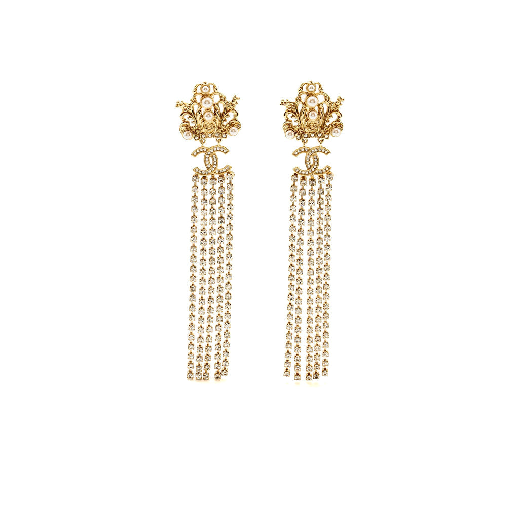 CHANEL CROWN WITH PEARL AND CC LOGO WITH CRYSTAL DROPPING EAR CLIPS LIGHT GOLD TONE
