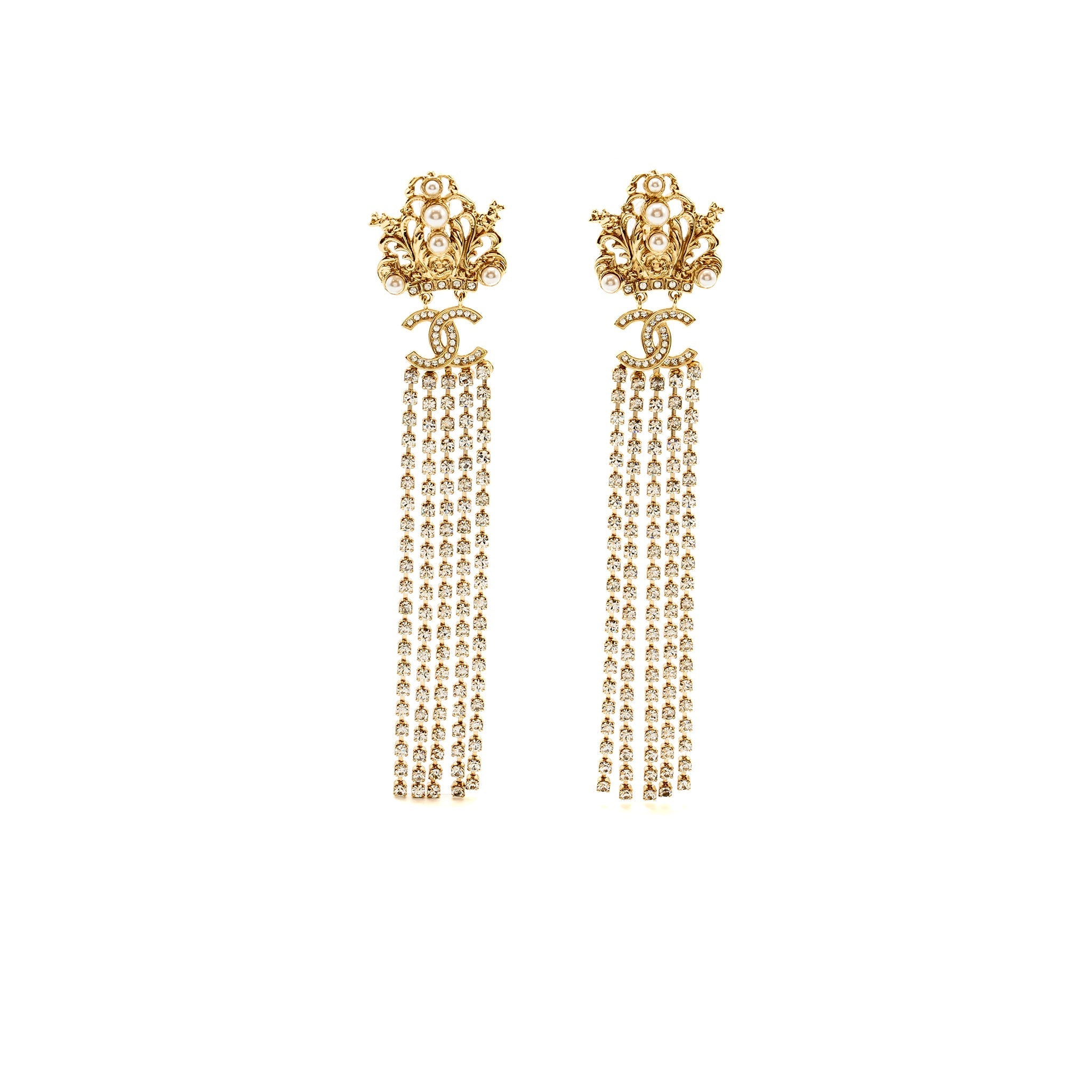 CHANEL CROWN WITH PEARL AND CC LOGO WITH CRYSTAL DROPPING EAR CLIPS LIGHT GOLD TONE