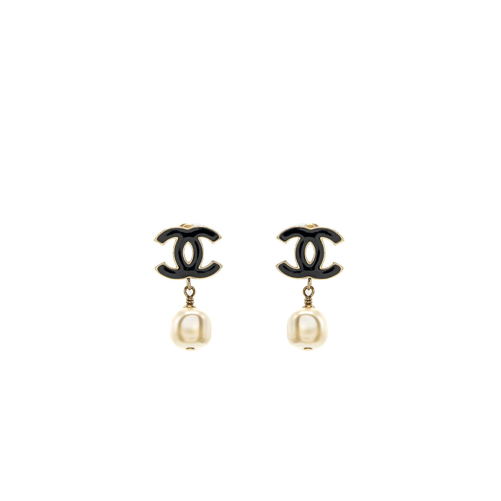 CHANEL CC LOGO EARRING PEARL DROP BLACK/LIGHT GOLD TONE