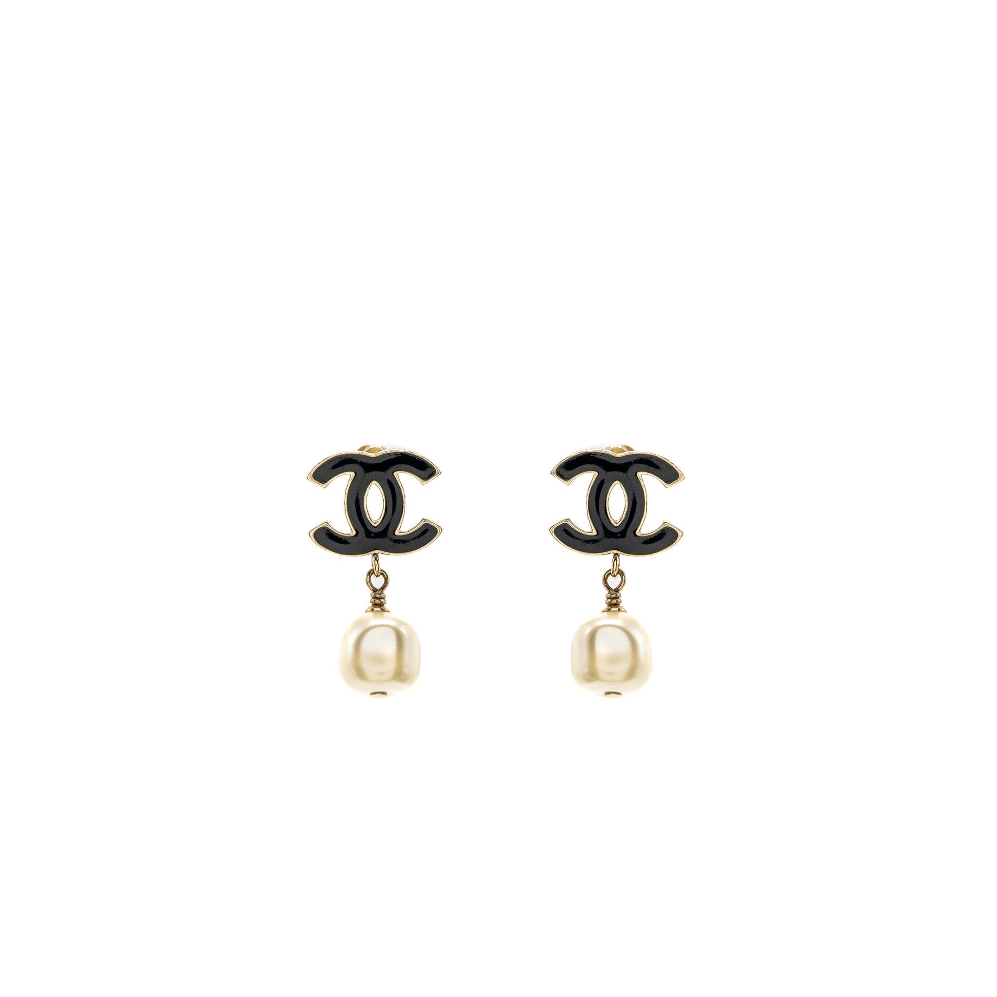 CHANEL CC LOGO EARRING PEARL DROP BLACK/LIGHT GOLD TONE