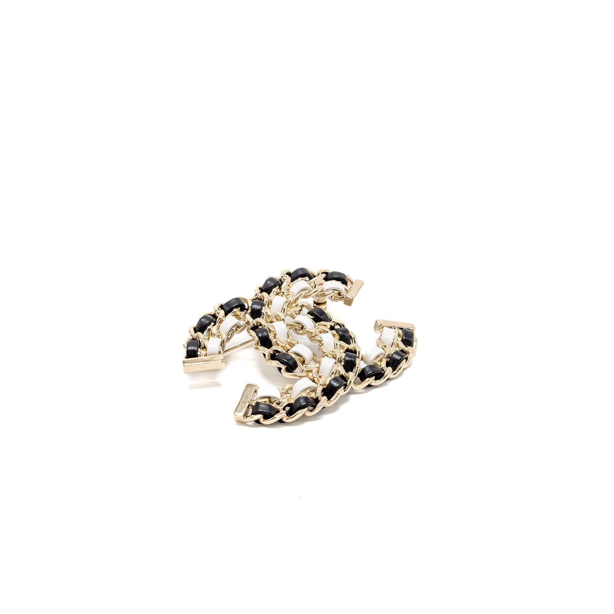 CHANEL CC LOGO DOUBLE LEATHER CHAIN BROOCH BLACK/WHITE MULTICOLOUR TONE