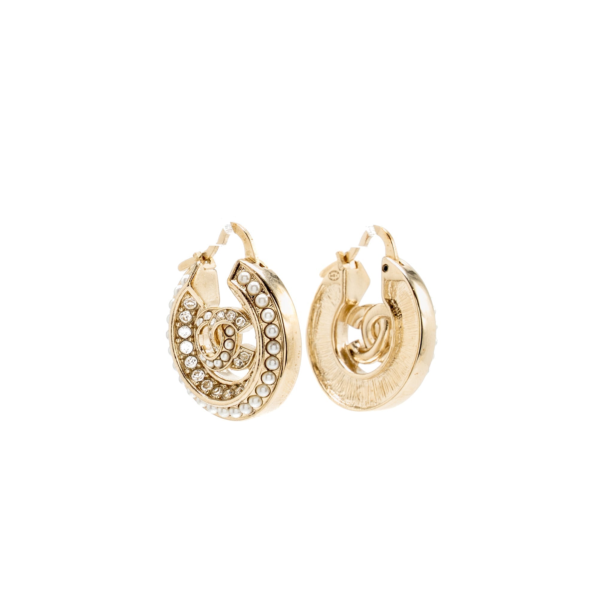 CHANEL CC HOOP EARRINGS PEARL/CRYSTAL LIGHT GOLD TONE