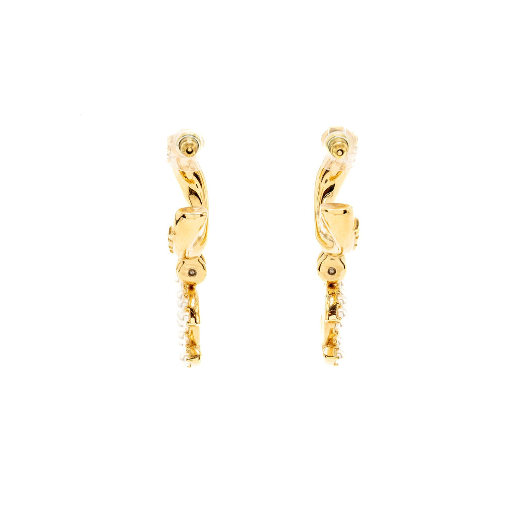 CHANEL LETTER LOGO AND CC DROP EARRINGS PEARL/CRYSTAL GOLD TONE