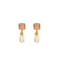 CHANEL CC LOGO SQUARE WITH PEARL DROP EARRINGS PEACH GOLD TONE